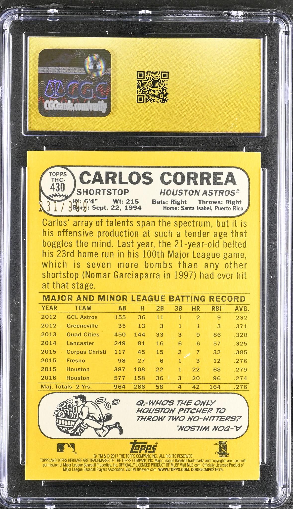 2017 Topps Heritage Chrome #THC-430 Carlos Correa /968 CGC 10