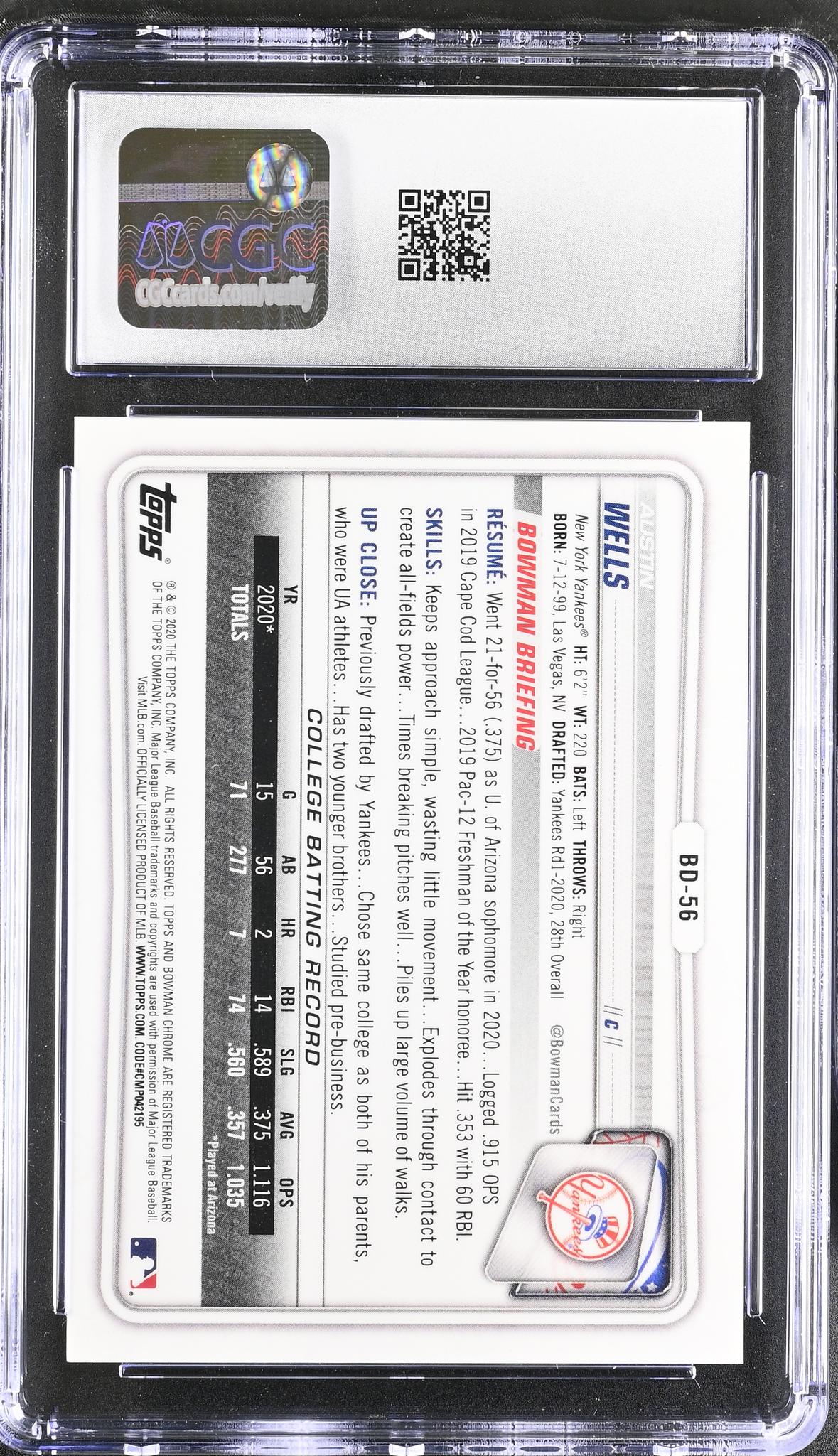2020 Bowman Chrome #BD-56 Austin Wells /99 CGC 9