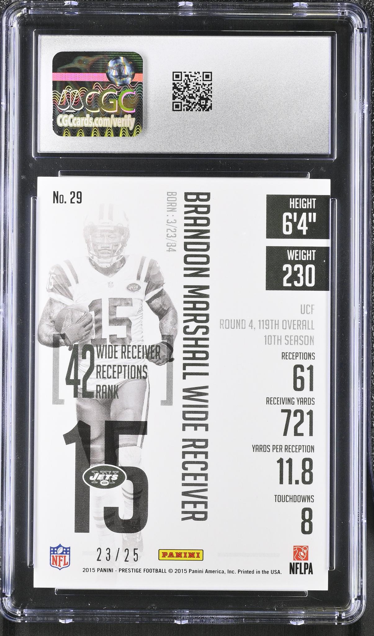 2015 Prestige #29 Brandon Marshall Extra Points Platinum /25 CGC 10