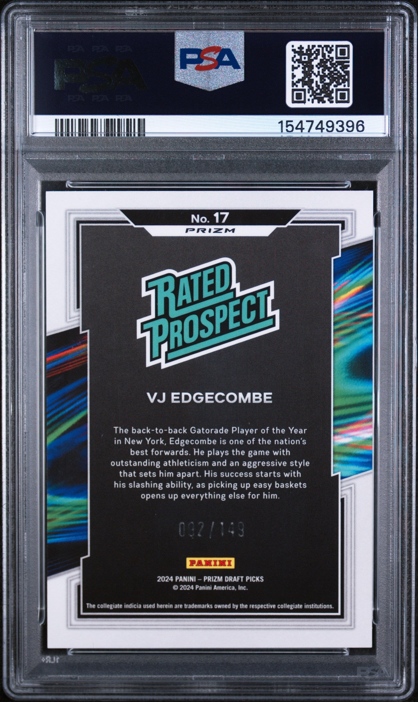 2024 Panini Prizm Draft Picks Rated Prospect Blue Seismic Vj Edgecombe #17 /149 PSA 10