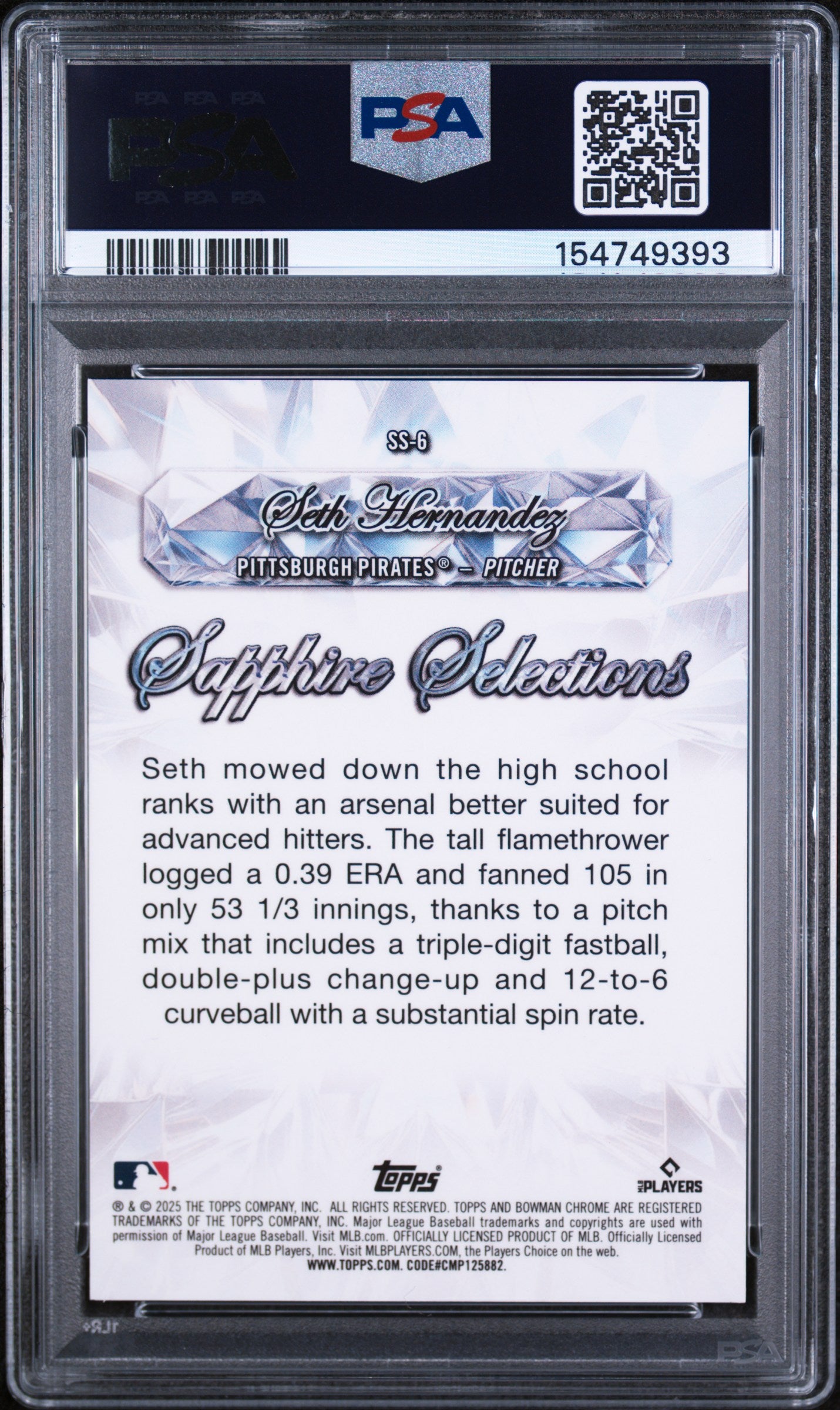 2025 Bowman Draft Sapphire Edition Sapphire Selections Seth Hernandez #6 PSA 10