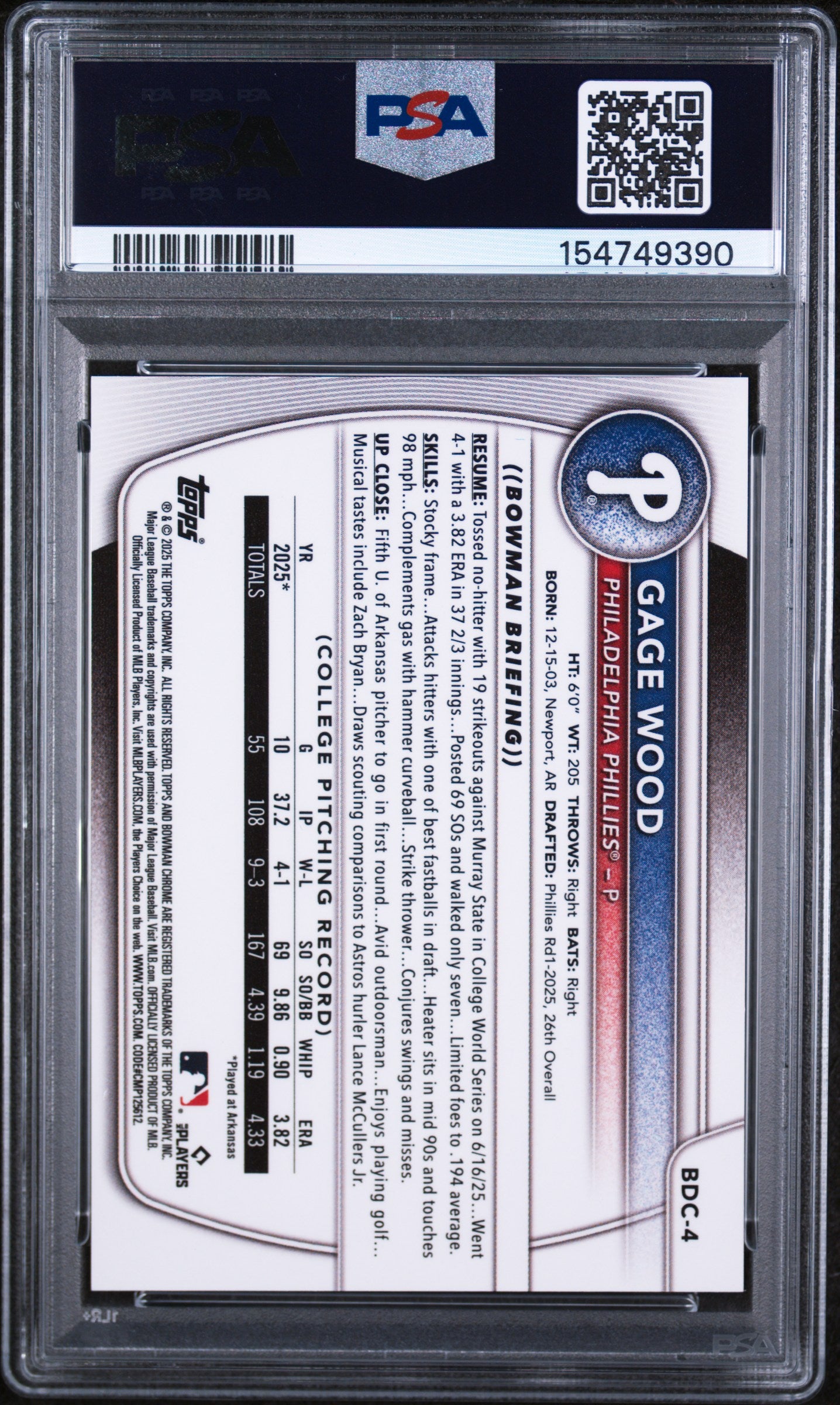 2025 Bowman Draft Sapphire Edition Gold Gage Wood #4 /50 PSA 10
