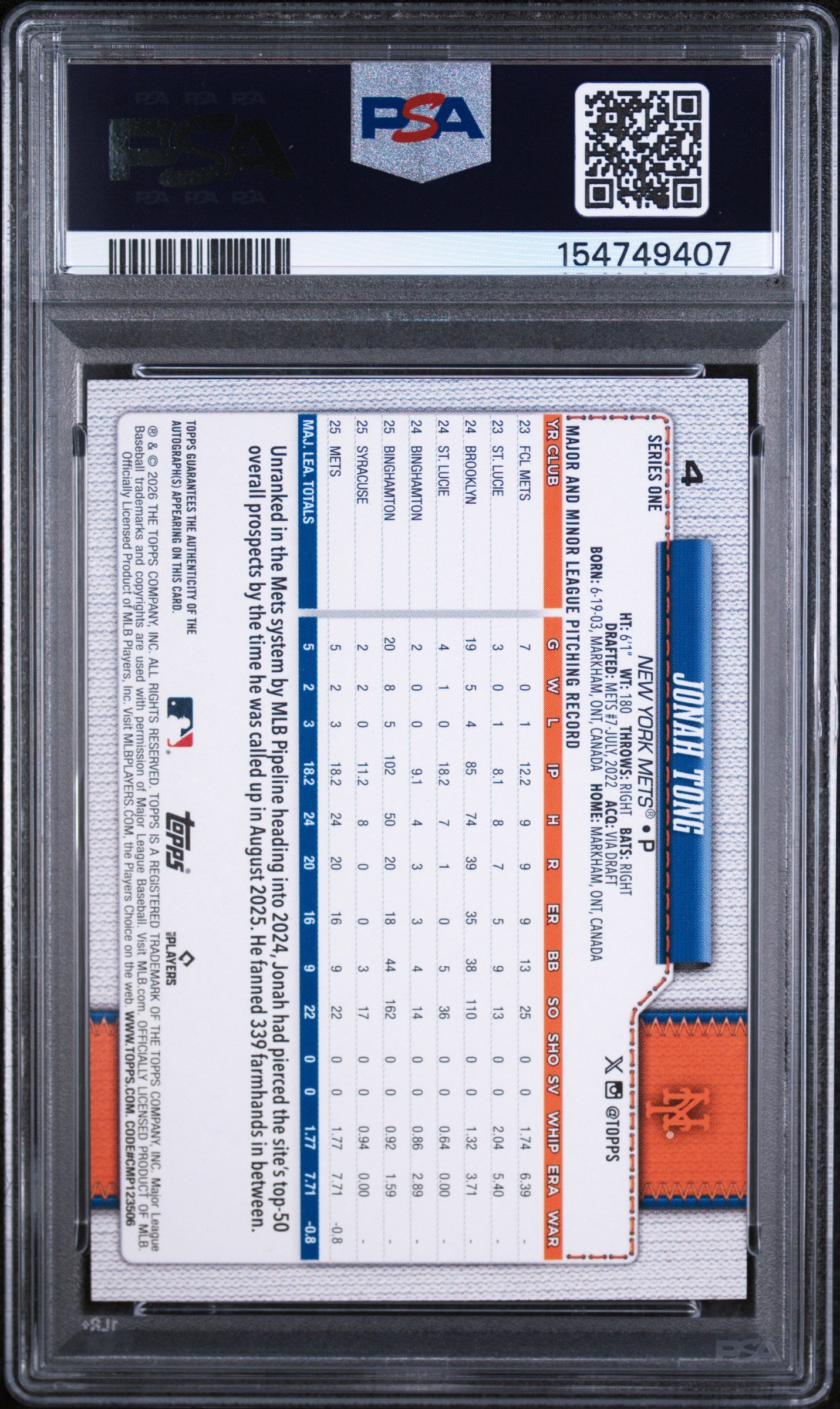 2026 Topps Autograph Jonah Tong #4 PSA 9