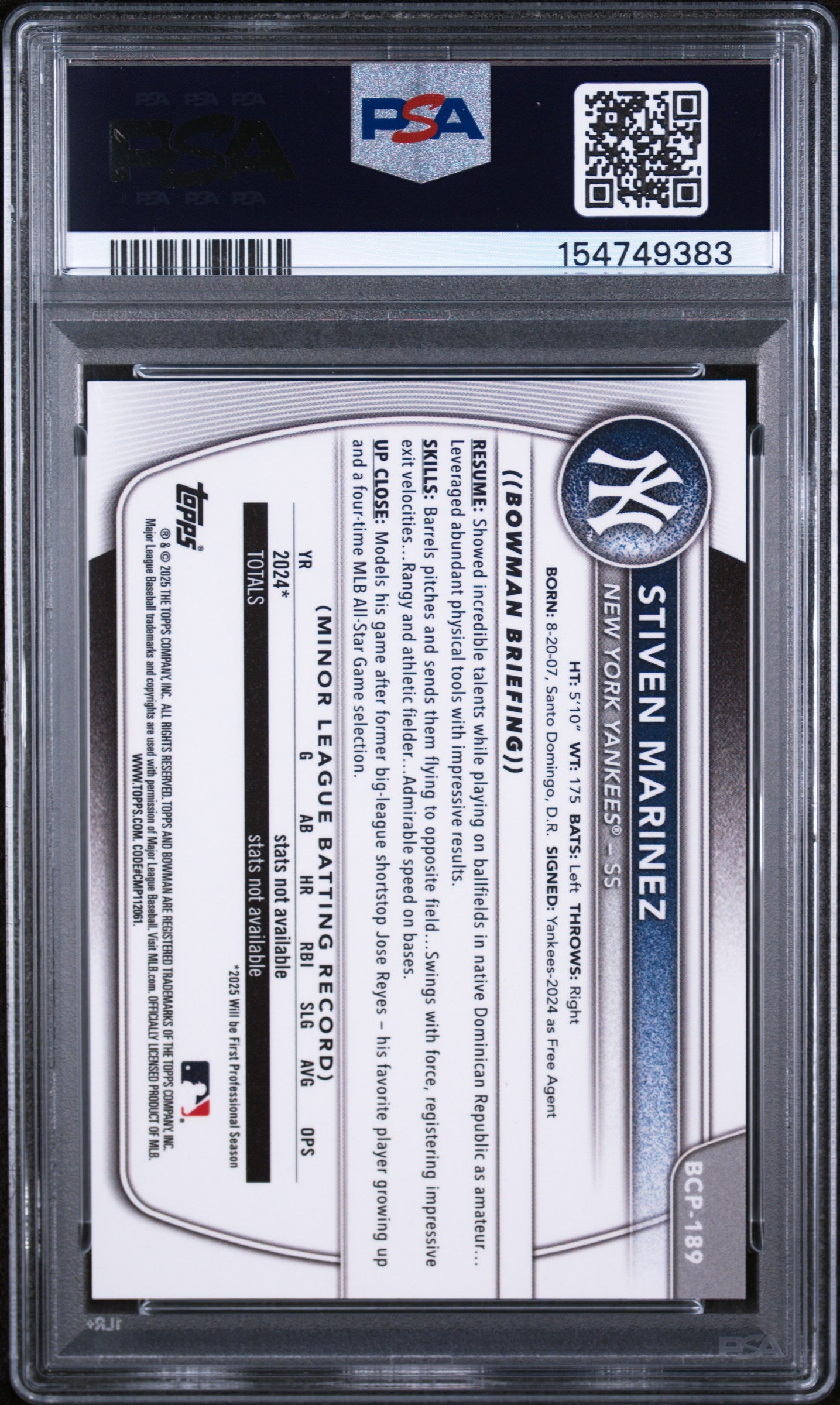 2025 Bowman Chrome Sapphire Edition Prospects Gold Stiven Martinez #189 /50 PSA 10