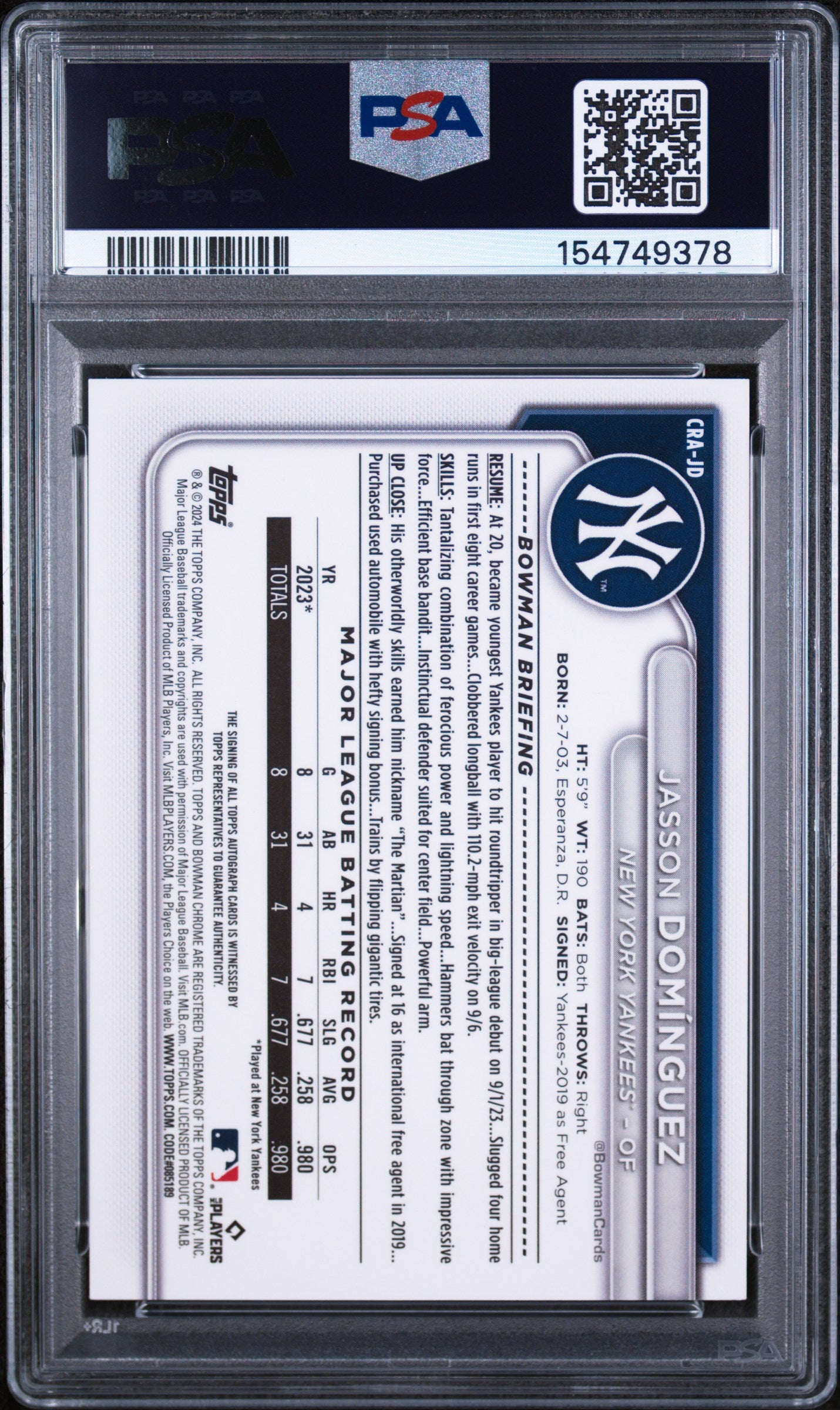 2024 Bowman Chrome Chrome Rookie Autographs Jasson Dominguez #CRAJD PSA 8