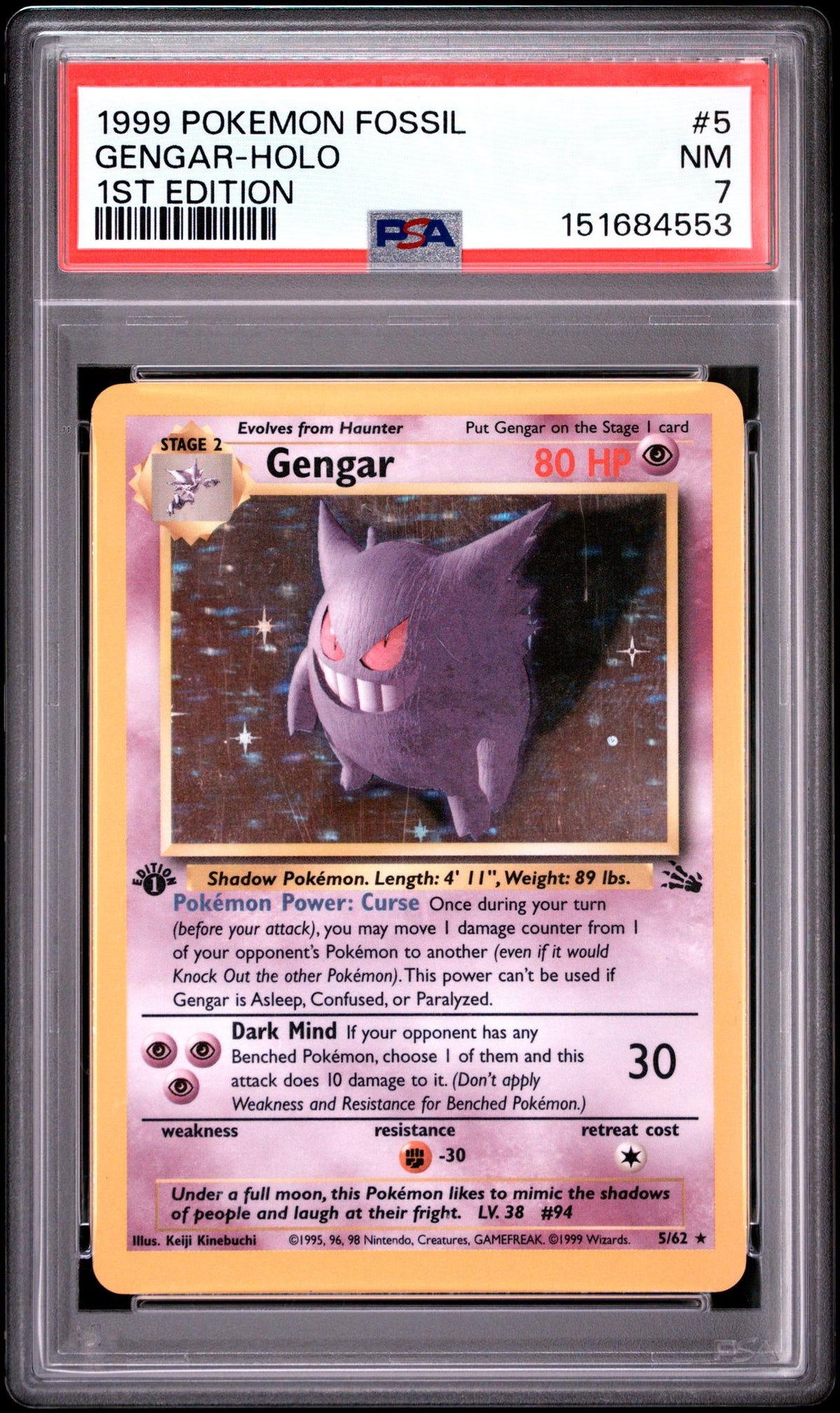 1999 Pokemon Fossil 1st Edition Holo Gengar #5 PSA 7
