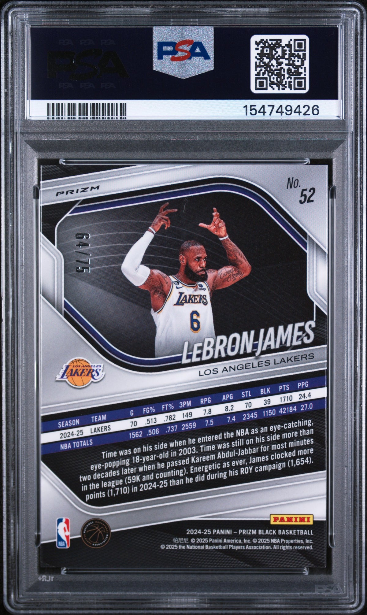 2024 Panini Prizm Black Red Power Prizm LeBron James #52 /75 PSA 9