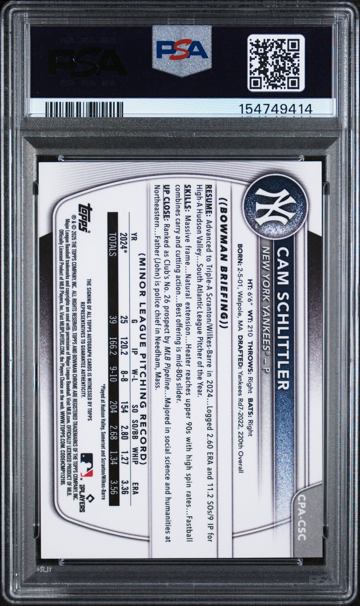 2025 Bowman Chrome Prospect Autographs Green Reptilian Cam Schlittler #CPACSC /99 PSA 9