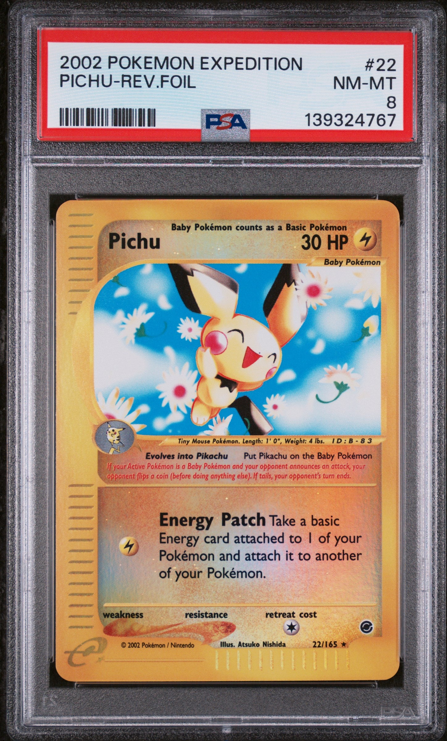 2002 Pokemon Expedition Reverse Holo Pichu #22 /165 PSA 8