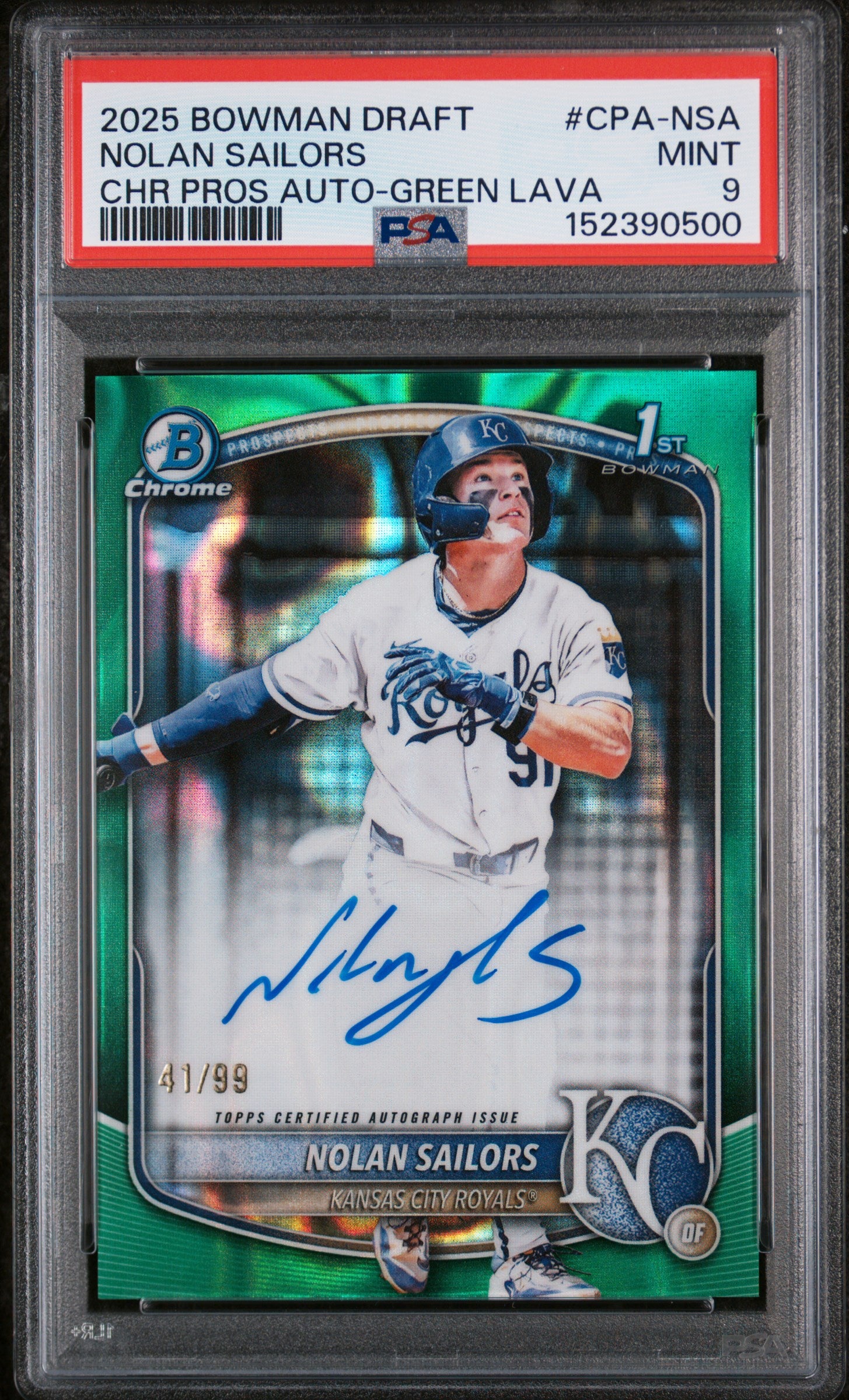 2025 Bowman Draft Chrome Prospect Autographs Green Lava Nolan Sailors #CPA-NSA /99 PSA 9
