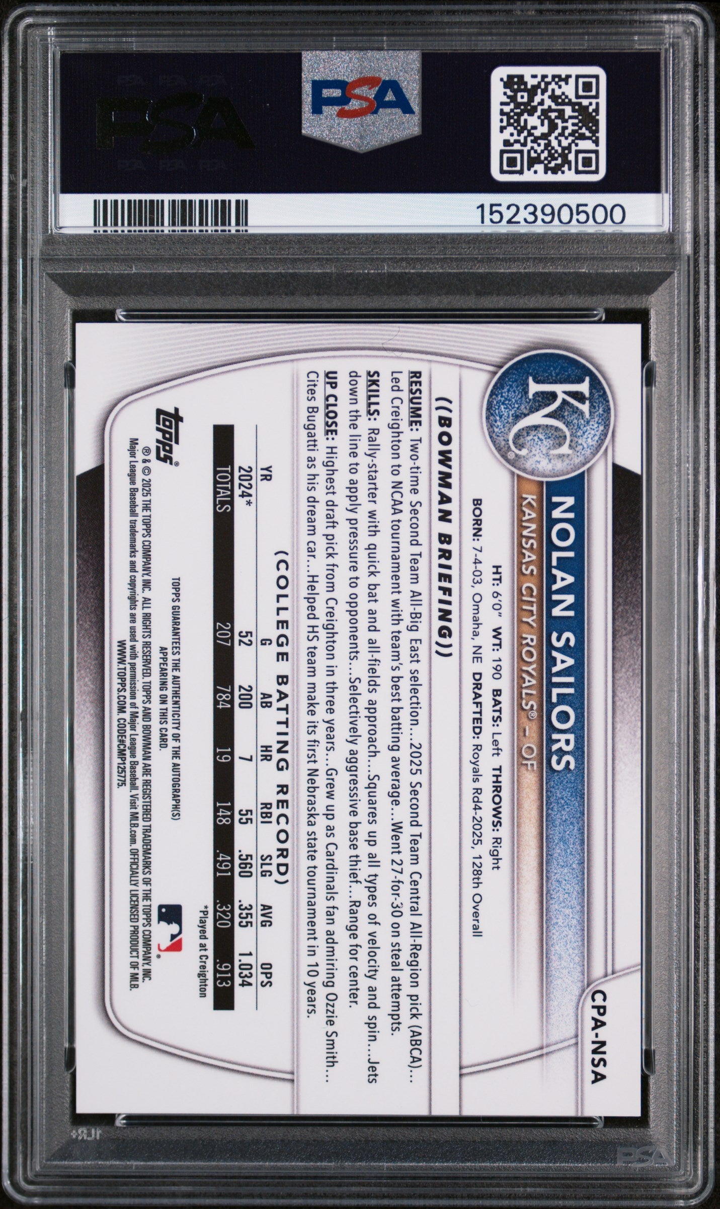 2025 Bowman Draft Chrome Prospect Autographs Green Lava Nolan Sailors #CPA-NSA /99 PSA 9