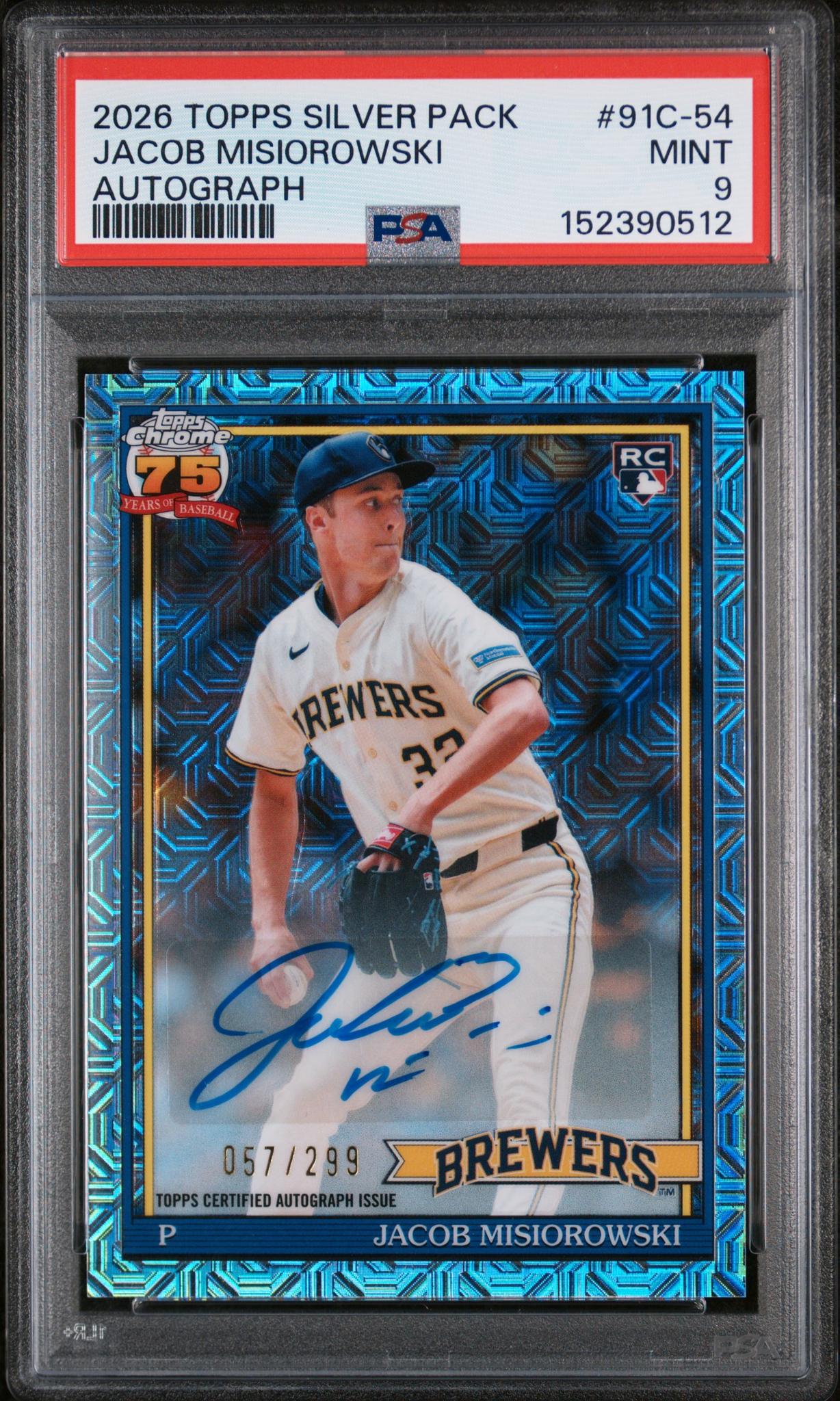 2026 Topps '91 Silver Pack Chrome Autographs Jacob Misiorowski #91C54 /299 PSA 9