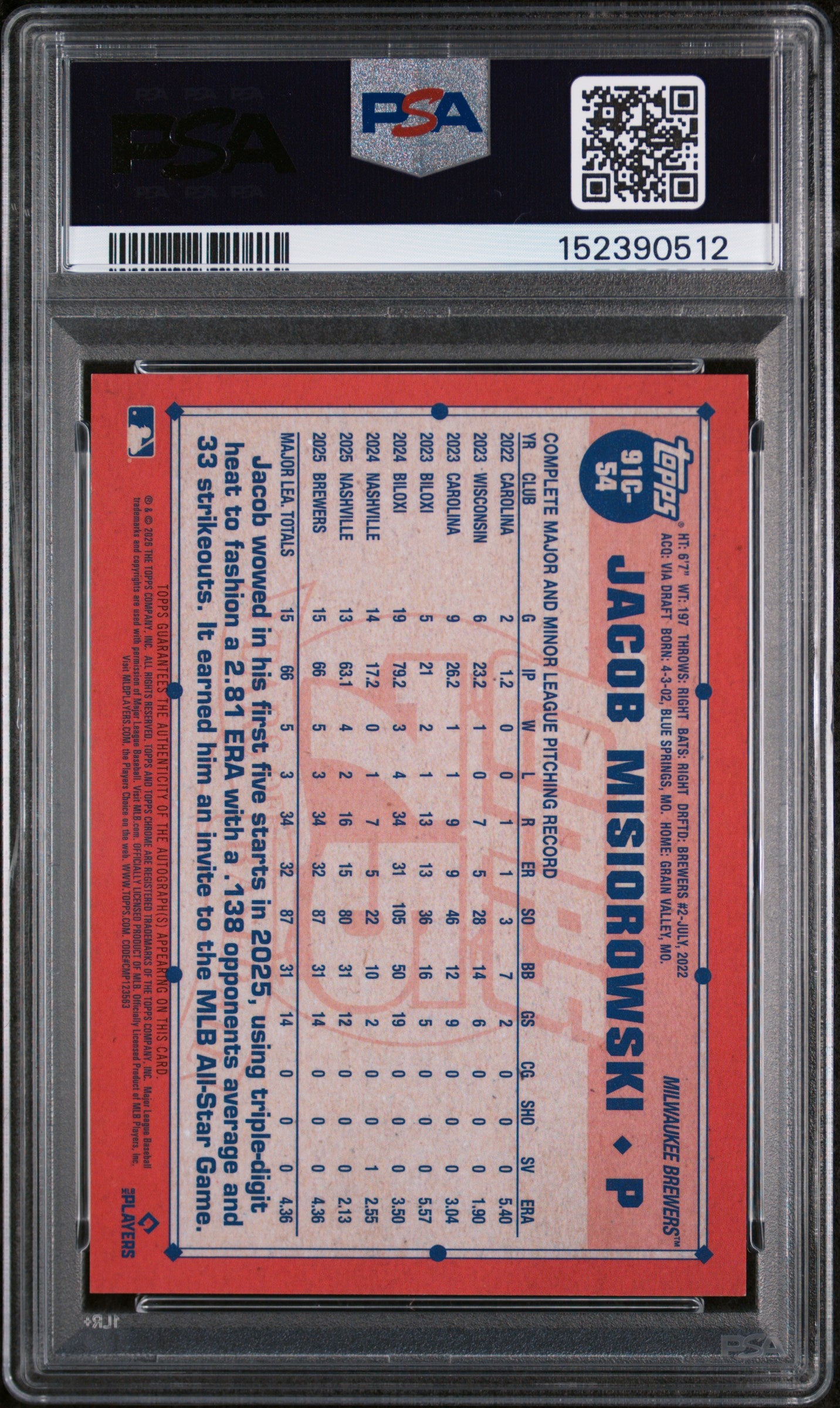 2026 Topps '91 Silver Pack Chrome Autographs Jacob Misiorowski #91C54 /299 PSA 9