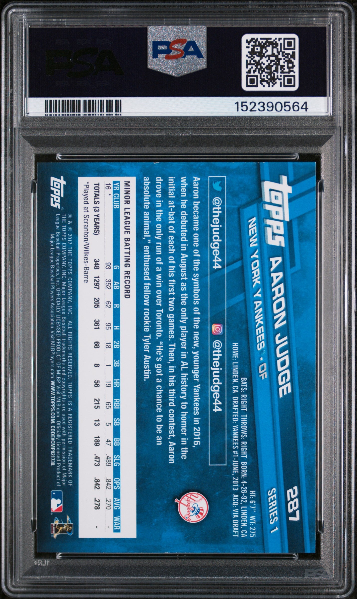 2017 Topps Catching Aaron Judge #287 PSA 9