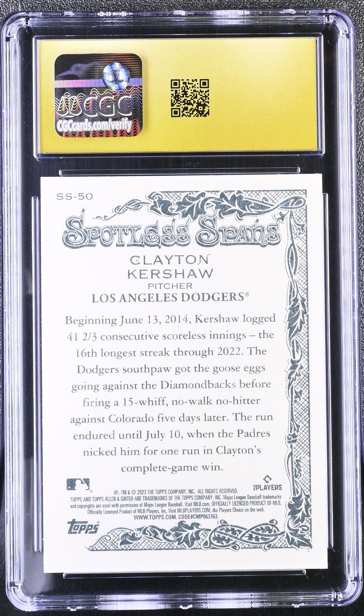 2023 Allen & Ginter #SS-50 Clayton Kershaw Spotless Spans CGC 10