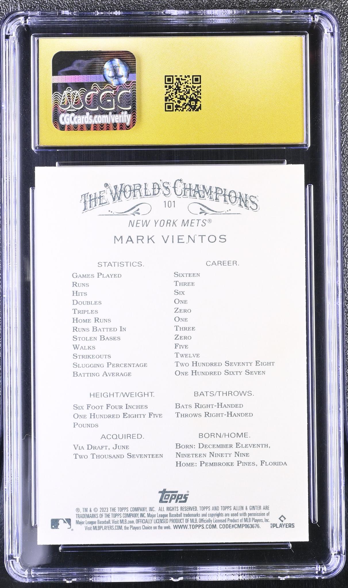 2023 Allen & Ginter #101 Mark Vientos The World's Champions CGC 10