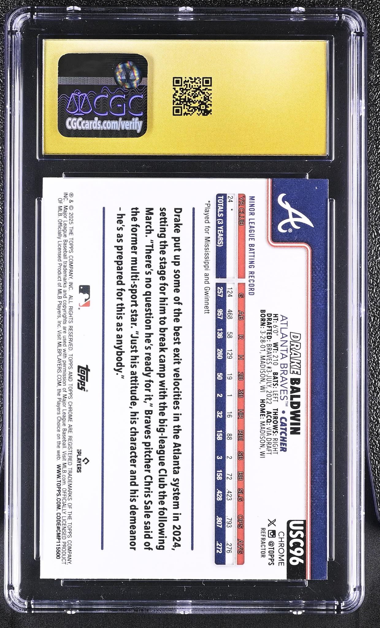 2025 Topps Chrome #USC96 Drake Baldwin Topps Chrome Update CGC 10