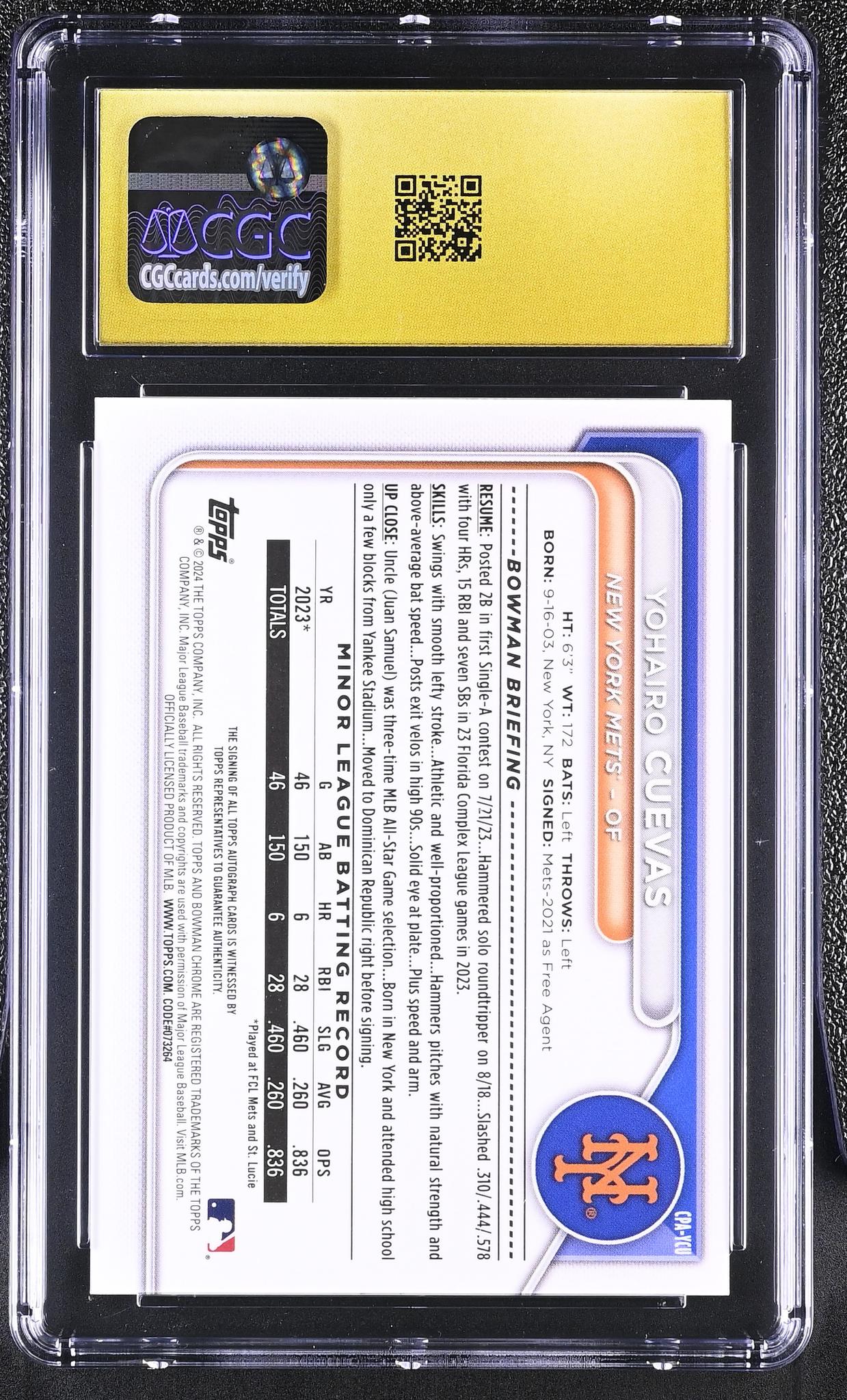 2024 Bowman Chrome #CPA-YCU Yohairo Cuevas Prospect Autographs Auto CGC 10