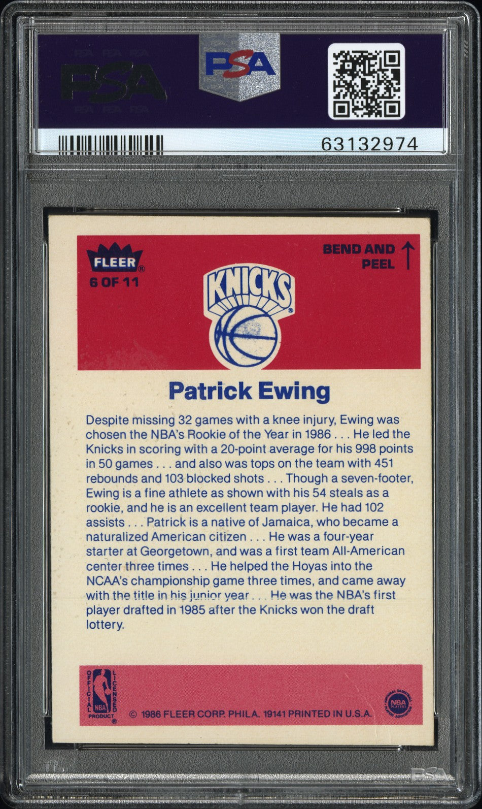 1986 Fleer Sticker Patrick Ewing #6 PSA 4