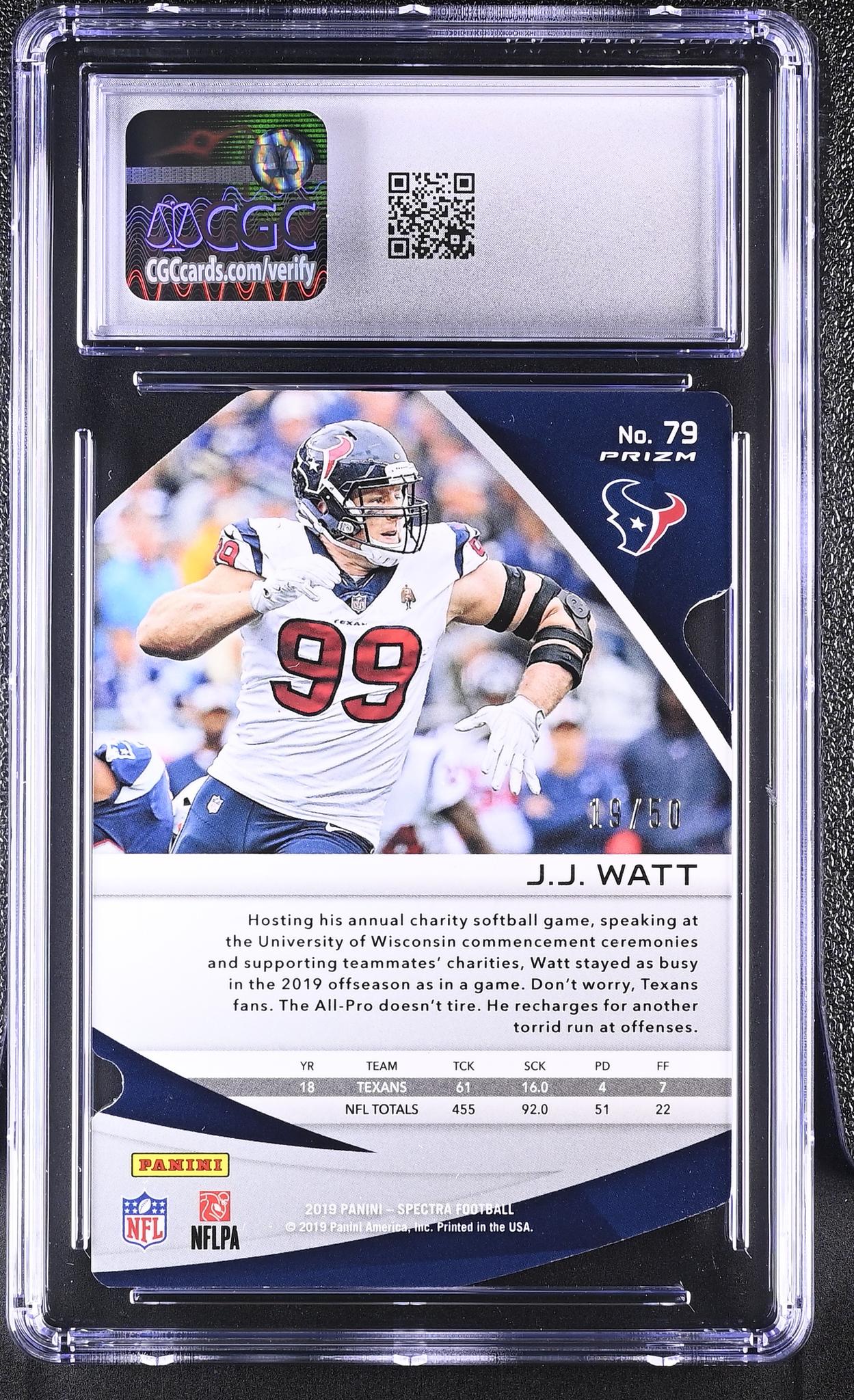 2019 Spectra #79 J.J. Watt Neon Blue Die-Cut /50 CGC 8