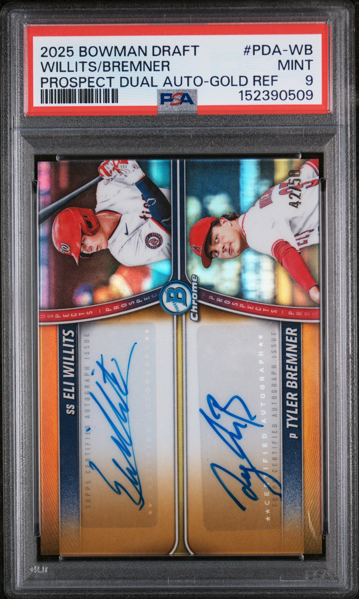 2025 Bowman Draft Prospect Dual Autographs Gold Refractor Eli Willits/Tyler Bremner #PDA-WB /25 PSA 9