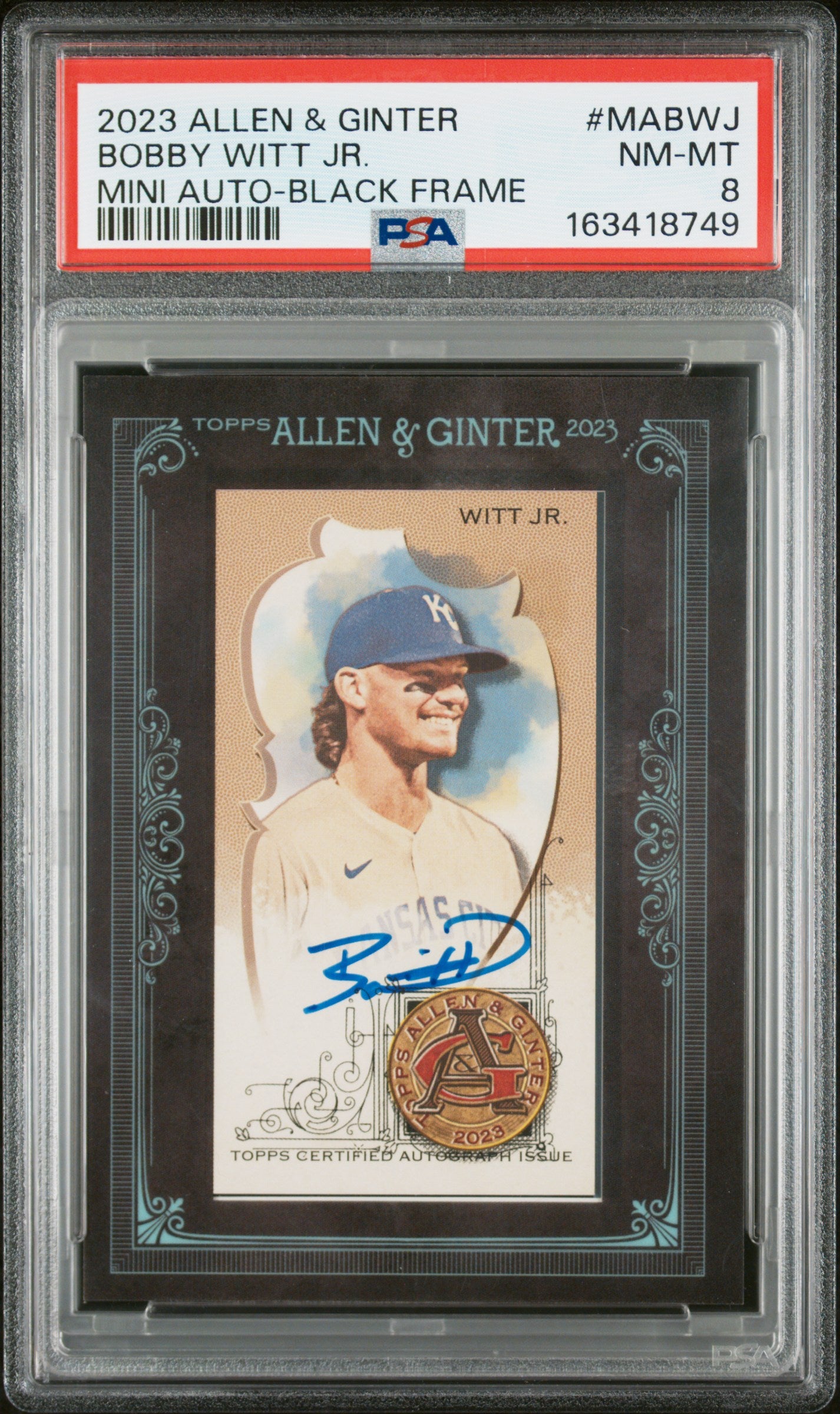 2023 Topps Allen & Ginter Framed Mini Autograph Black Frame Bobby Witt Jr. #MABWJ /25 PSA 8