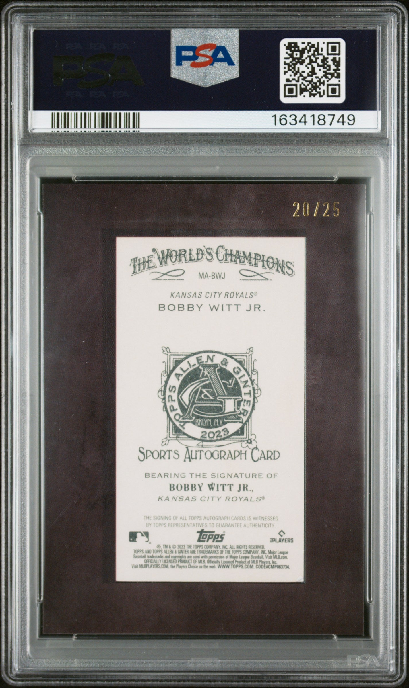 2023 Topps Allen & Ginter Framed Mini Autograph Black Frame Bobby Witt Jr. #MABWJ /25 PSA 8
