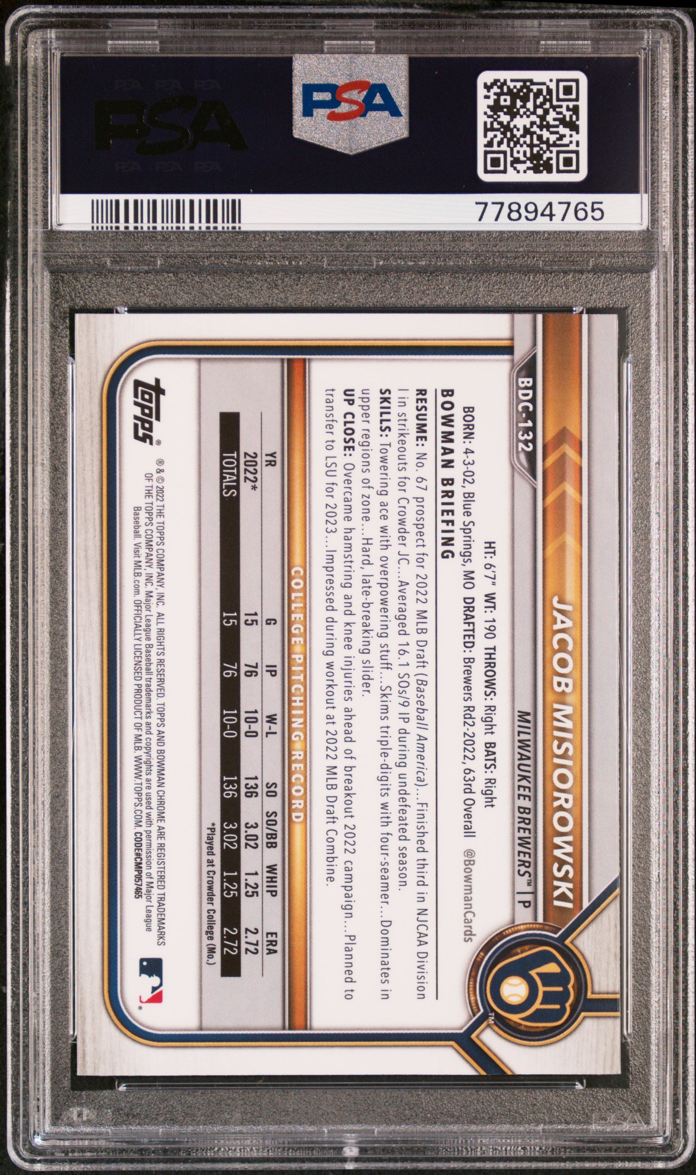 2022 Bowman Draft Sapphire Chrome Jacob Misiorowski #BDC132 PSA 9