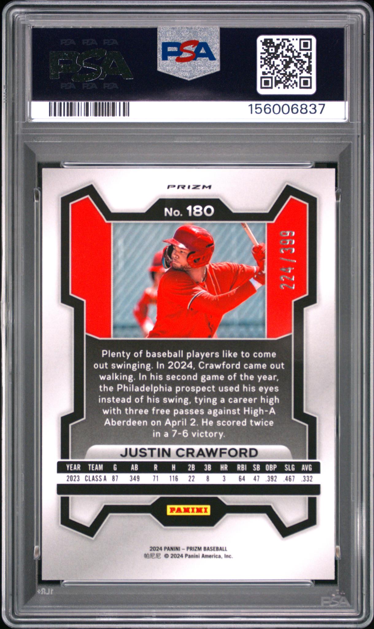 2024 Panini Prizm Orange Pulsar Justin Crawford #180 /399 PSA 9