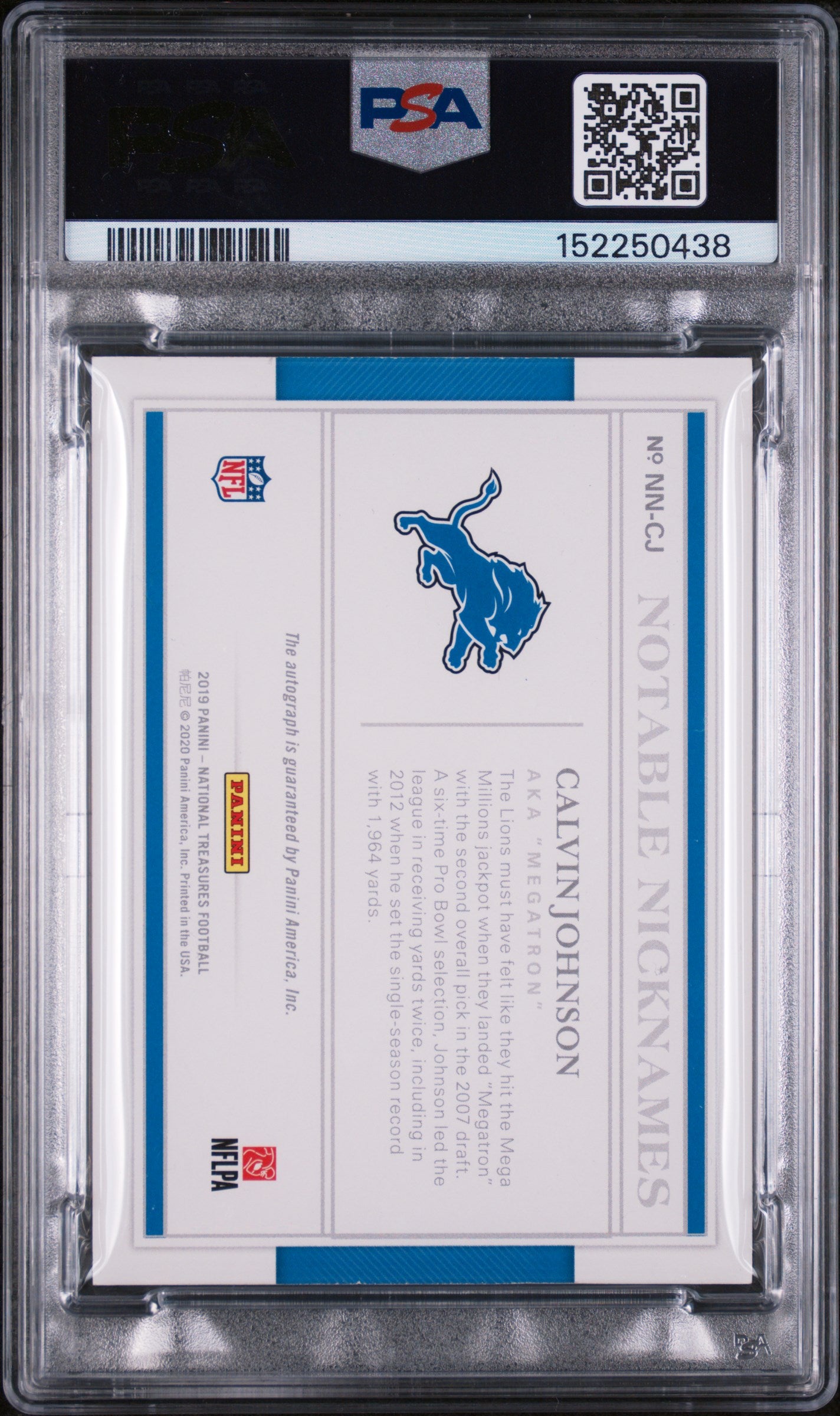2025 Panini National Treasures Update Upd-'19 Notable Ncknms Calvin Johnson #CJ /15 PSA 0