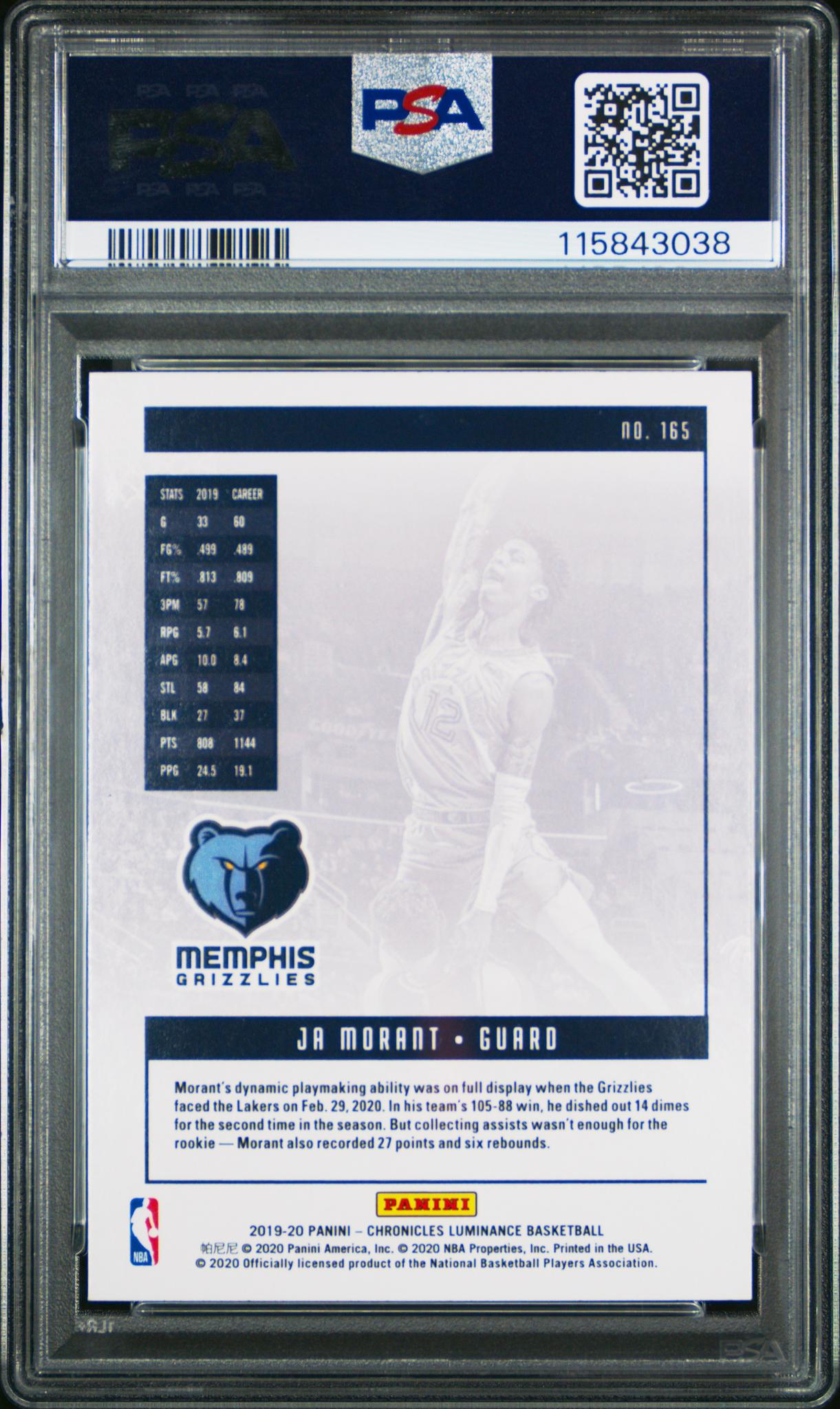 2019 Panini Chronicles Luminance Ja Morant #165 PSA 10