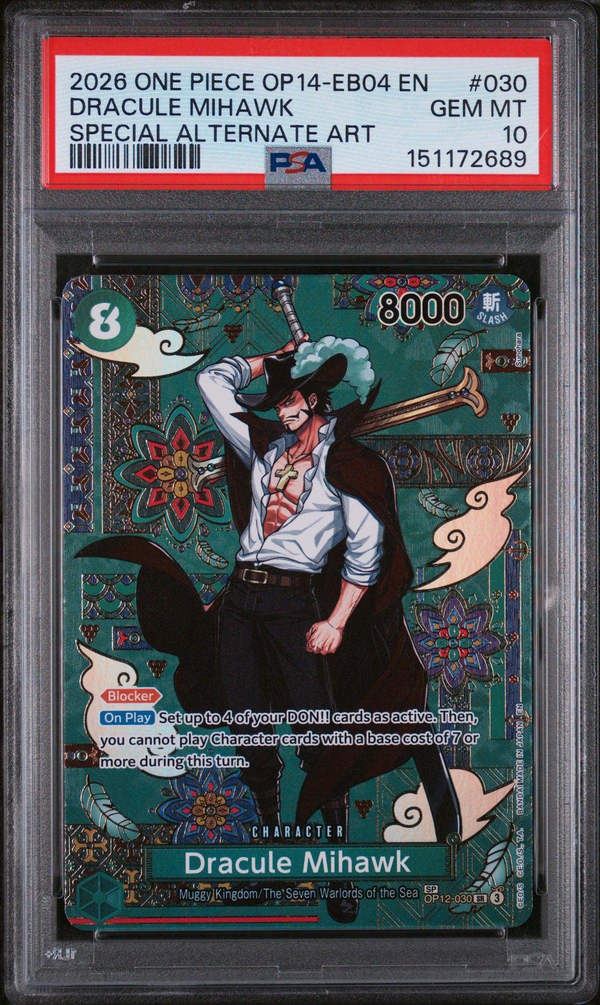 One Piece Card Game Dracule Mihawk #030 Special Alternate Art PSA 10