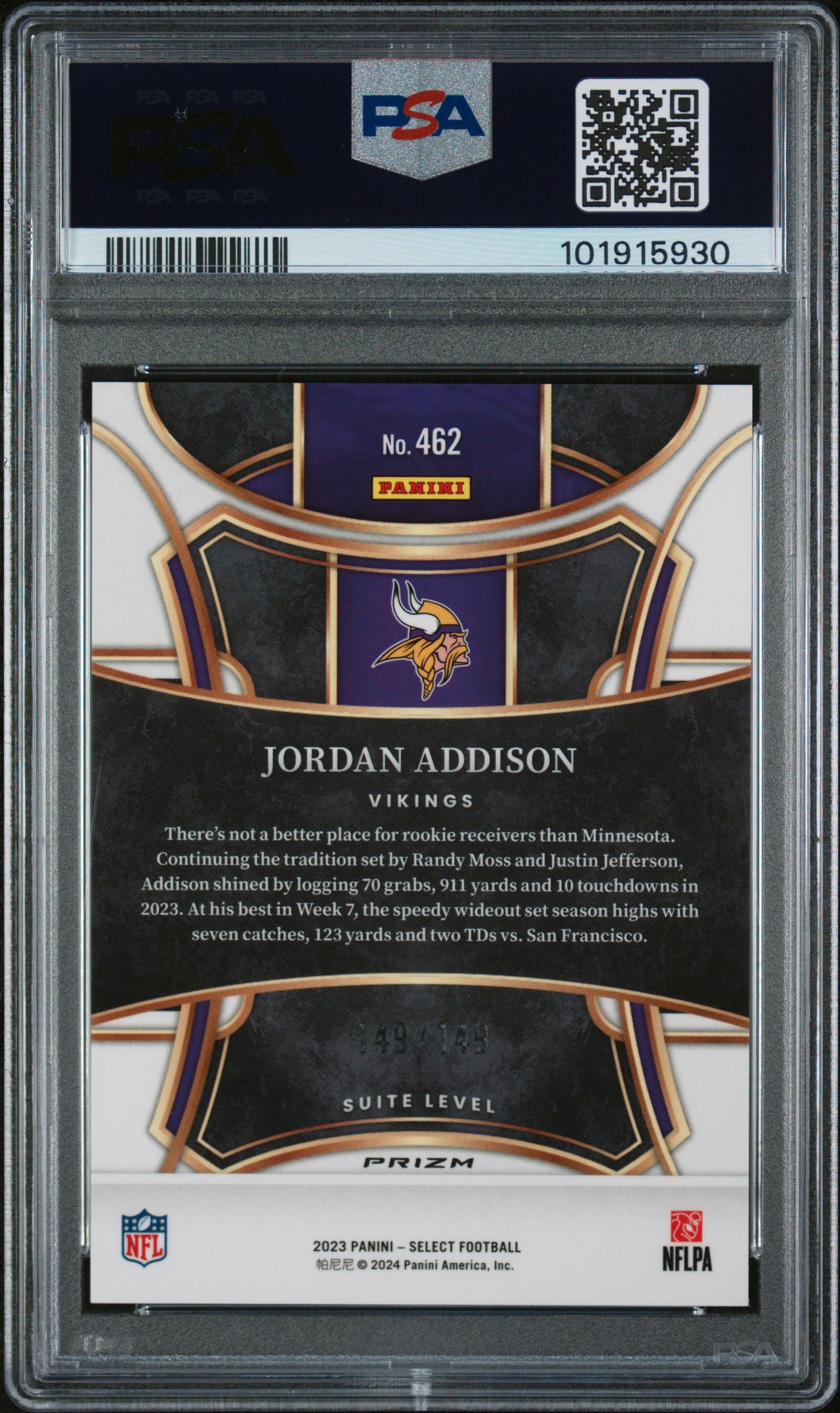 2023 Panini Select Prizm Tri Color Jordan Addison #462 149/149 PSA 10