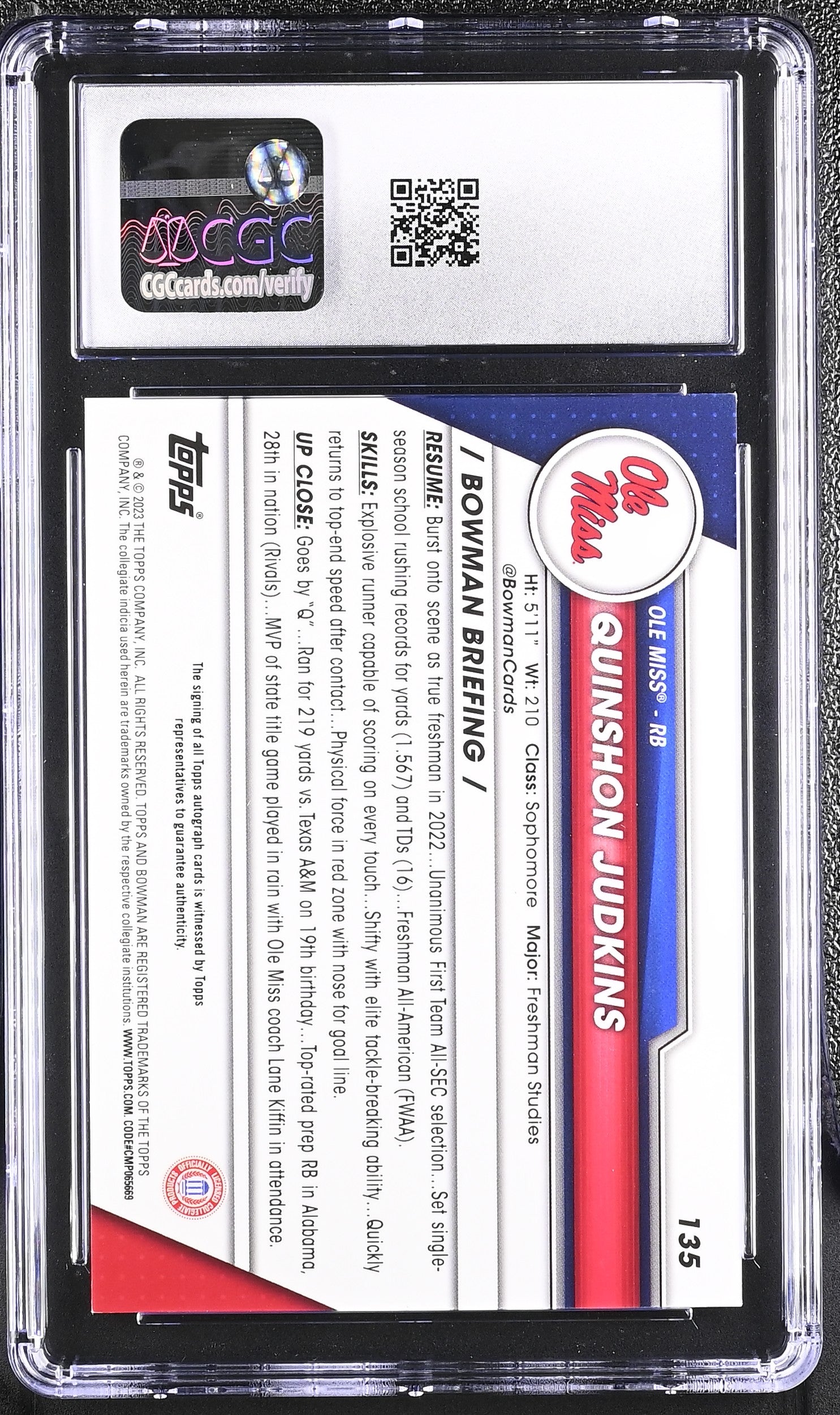 2023 Bowman #135 Quinshon Judkins Prospect Autographs Auto CGC 10