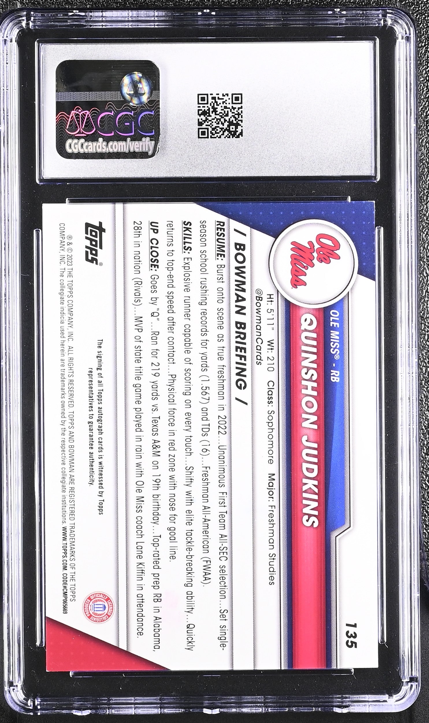 2023 Bowman Chrome #135 Quinshon Judkins Prospect Autographs Auto CGC 10