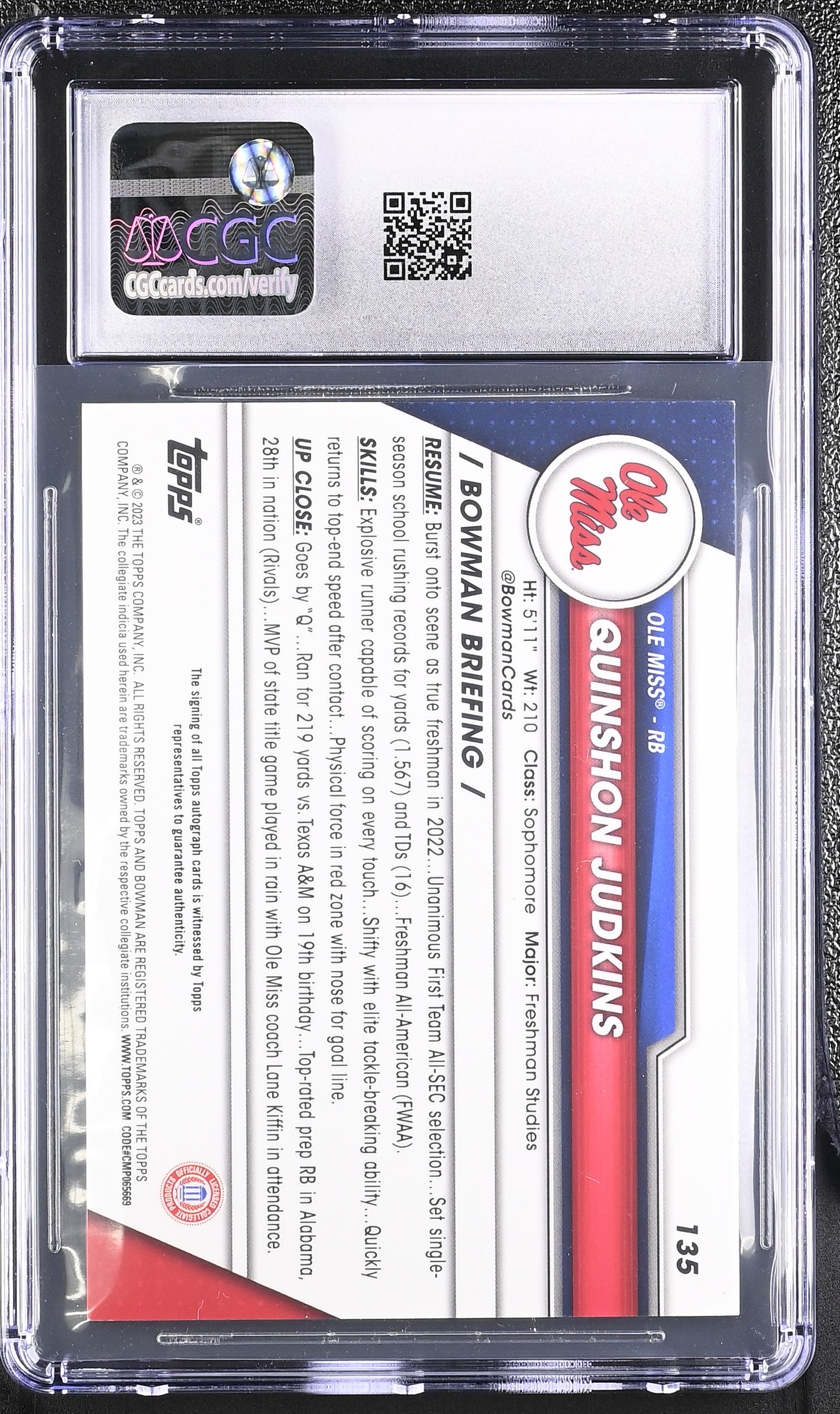2023 Bowman Chrome #135 Quinshon Judkins Prospect Autographs Auto CGC 10
