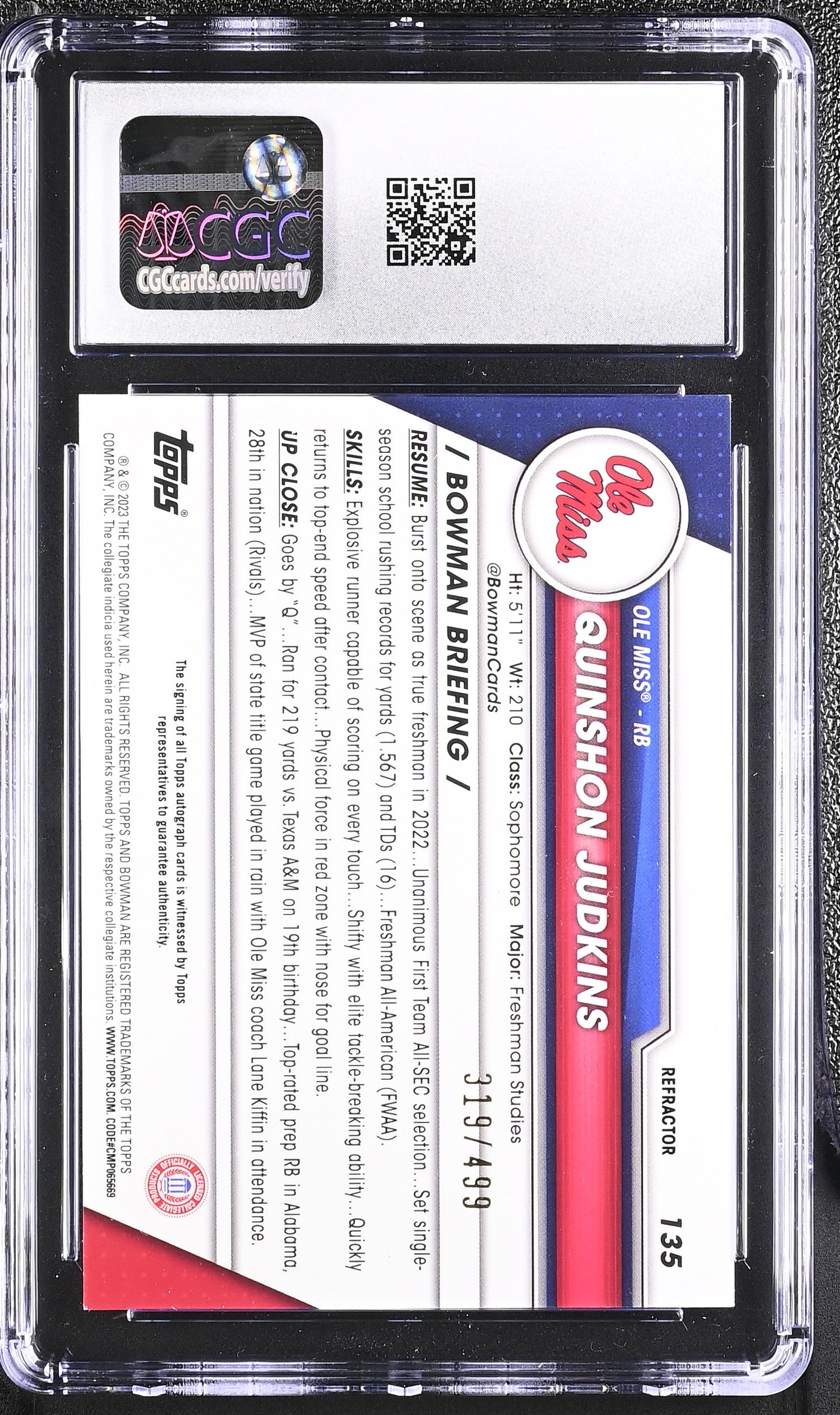 2023 Bowman Chrome #135 Quinshon Judkins Prospect Autographs /499 Auto CGC 10