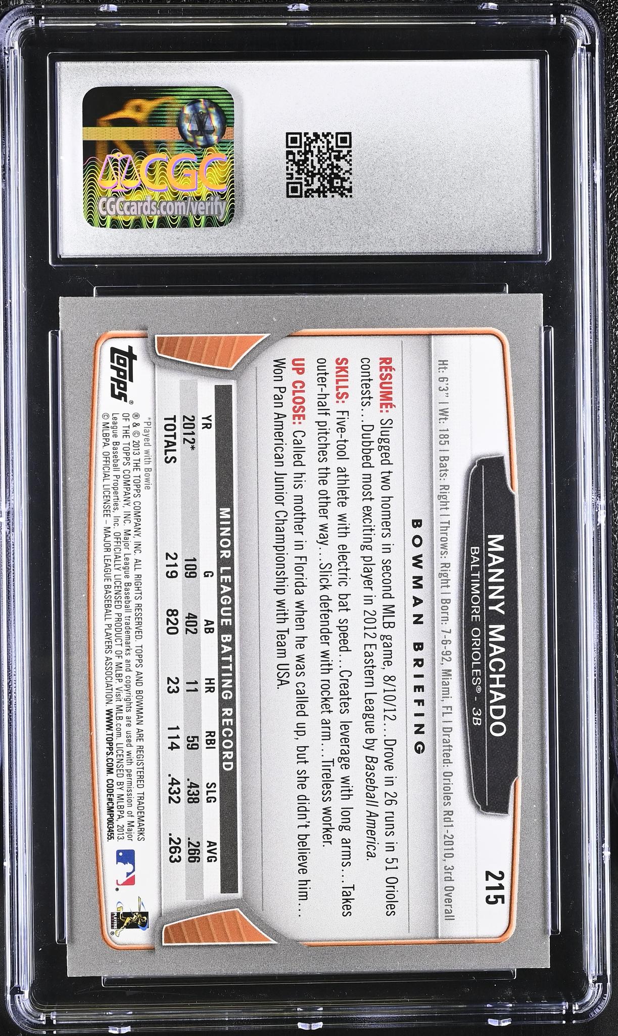 2013 Bowman #215 Manny Machado CGC 10