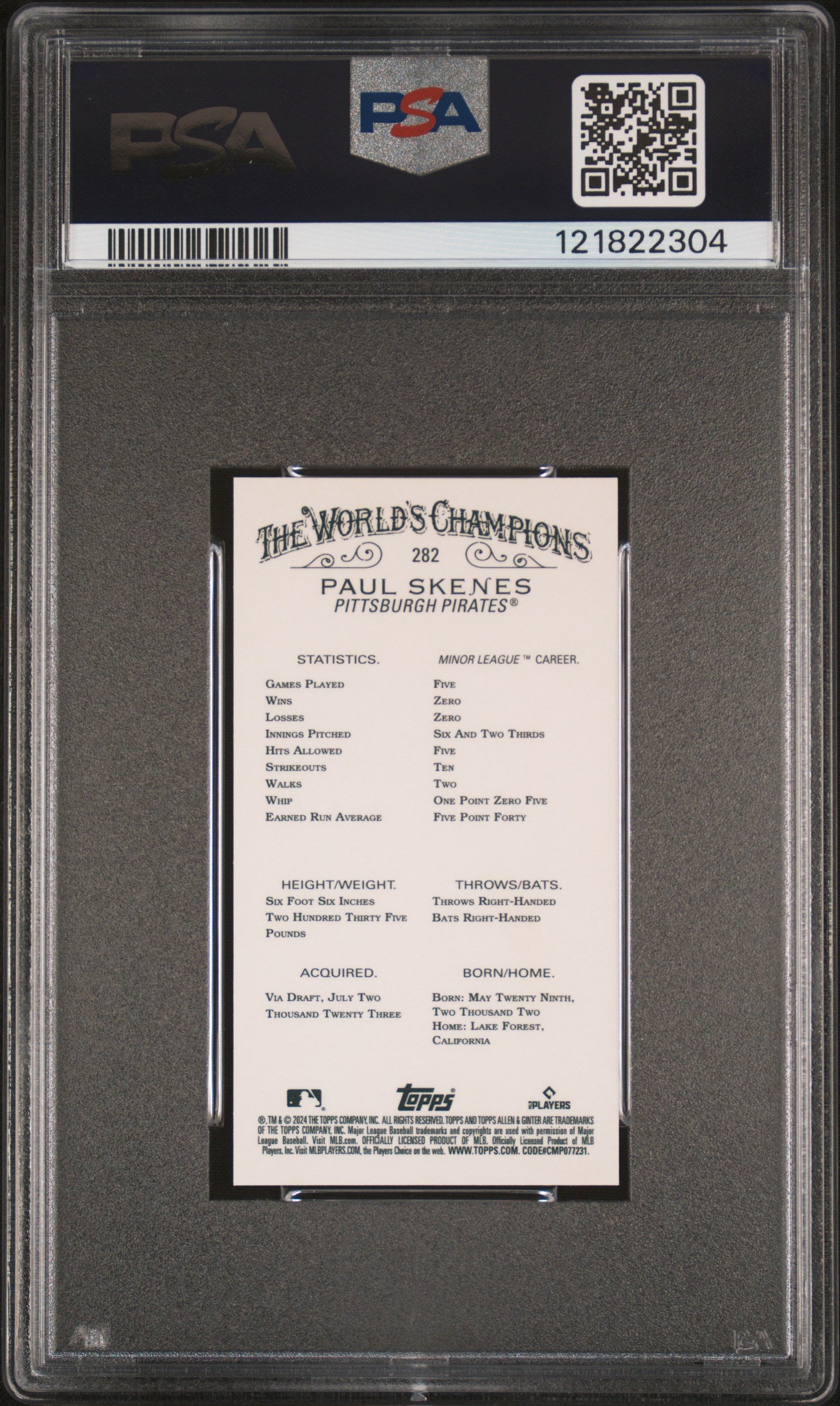 2024 Topps Allen & Ginter Chrome-Mini-Orange Ref Paul Skenes #282 /25 PSA 10