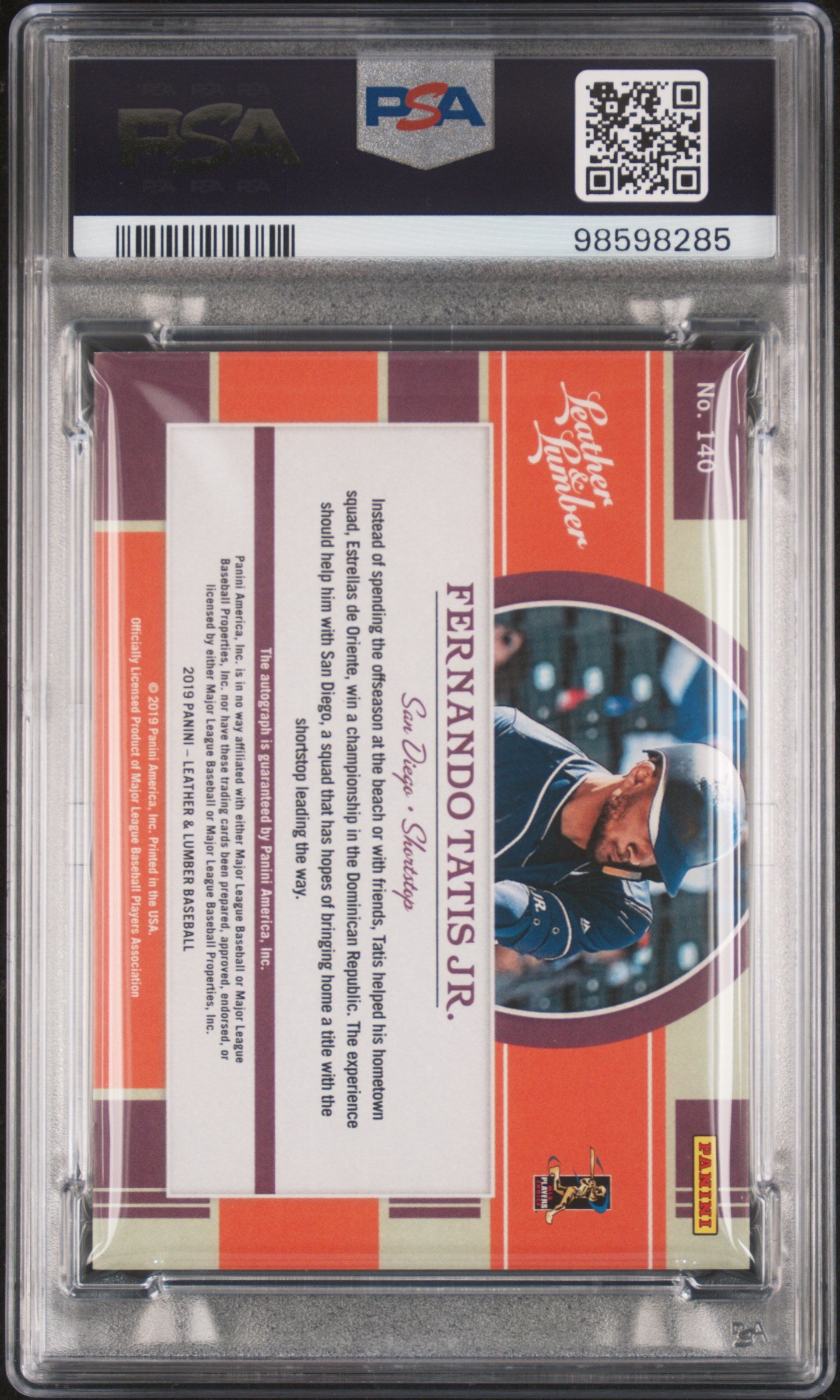 2019 Panini Leather & Lumber Rookie Leather Signatures Fernando Tatis Jr. #140 /149 PSA 8