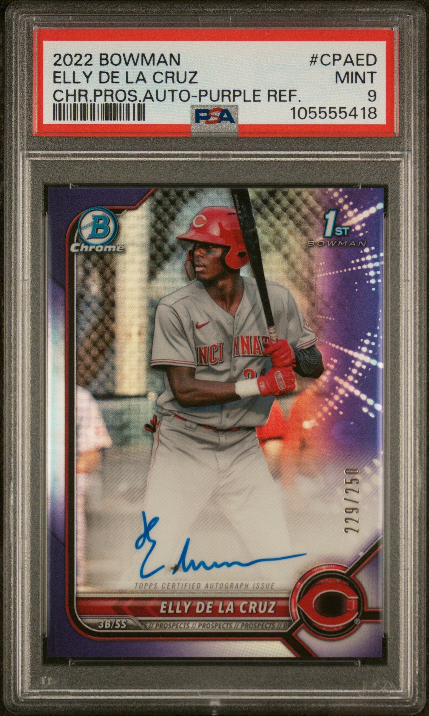 2022 Bowman Chrome Prospect Autograph Purple Refractor Elly De La Cruz #CPAED /250 PSA 9