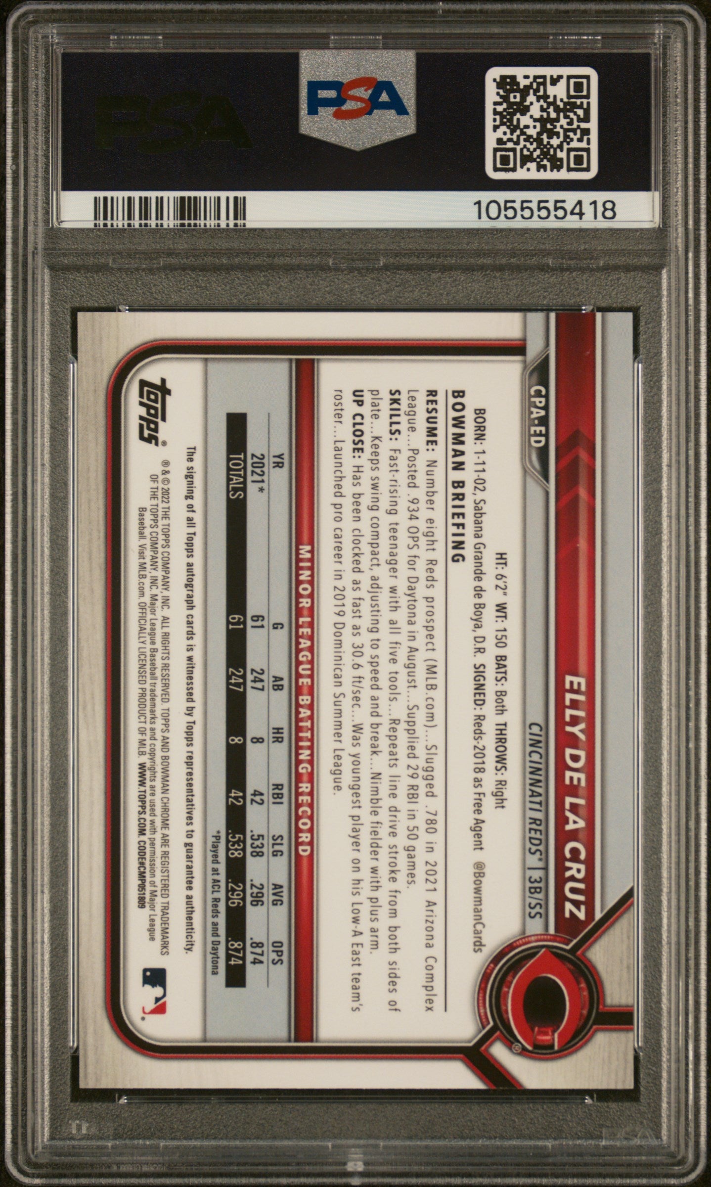 2022 Bowman Chrome Prospect Autograph Purple Refractor Elly De La Cruz #CPAED /250 PSA 9