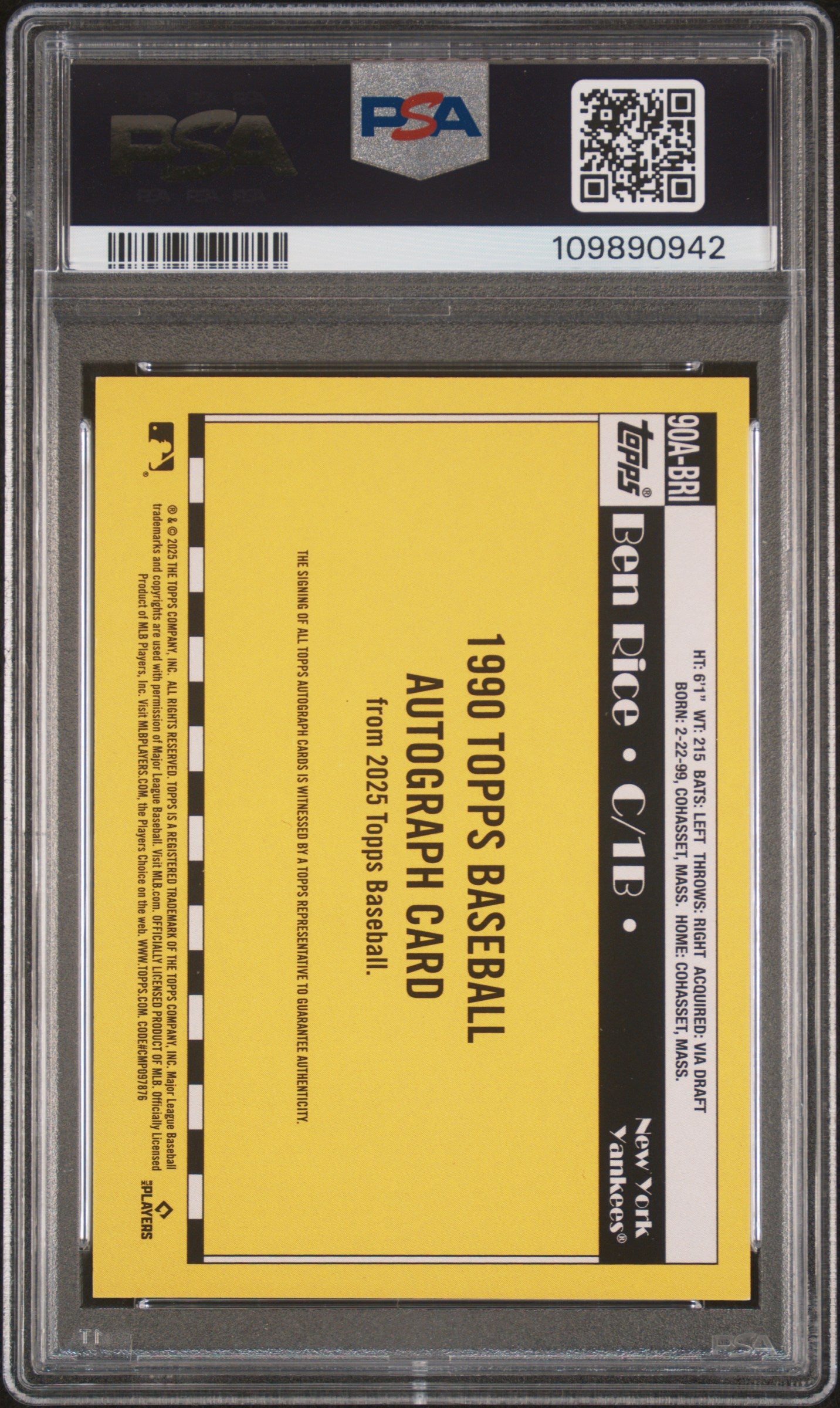 2025 Topps '90 Topps Autograph Ben Rice #90A-BRI PSA 8 109890942