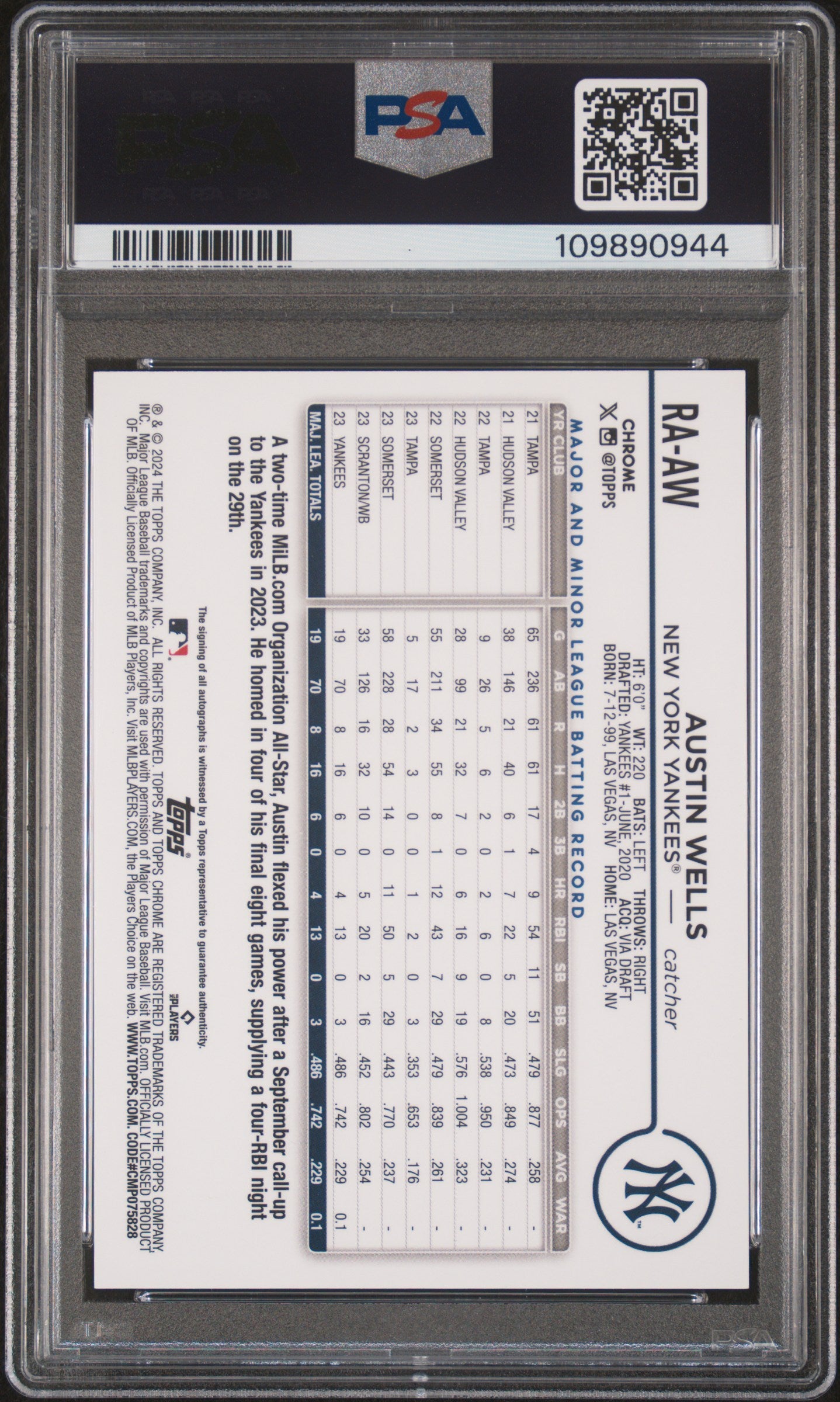 2024 Topps Chrome Rookie Autograph Austin Wells #RAAW PSA 10