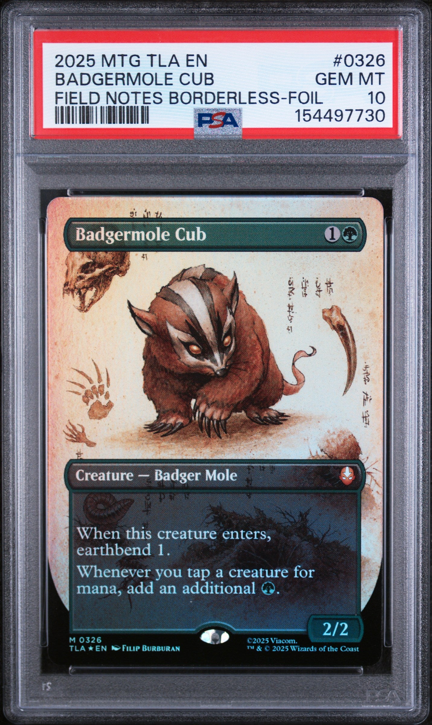 2025 Magic the Gathering Avatar: the Last Airbender Field Notes Borderless-Foil Badgermole Cub #0326 PSA 10
