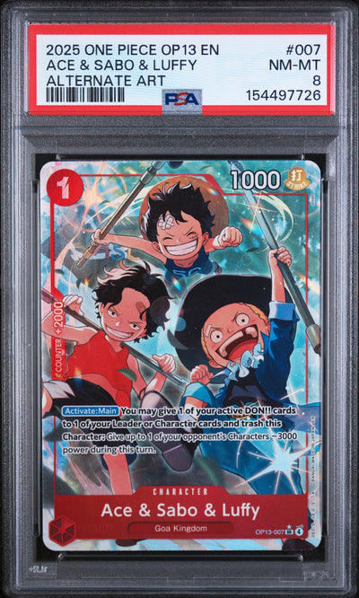 One Piece Card Game Ace & Sabo & Luffy OP13-007 Alternate Art PSA 8
