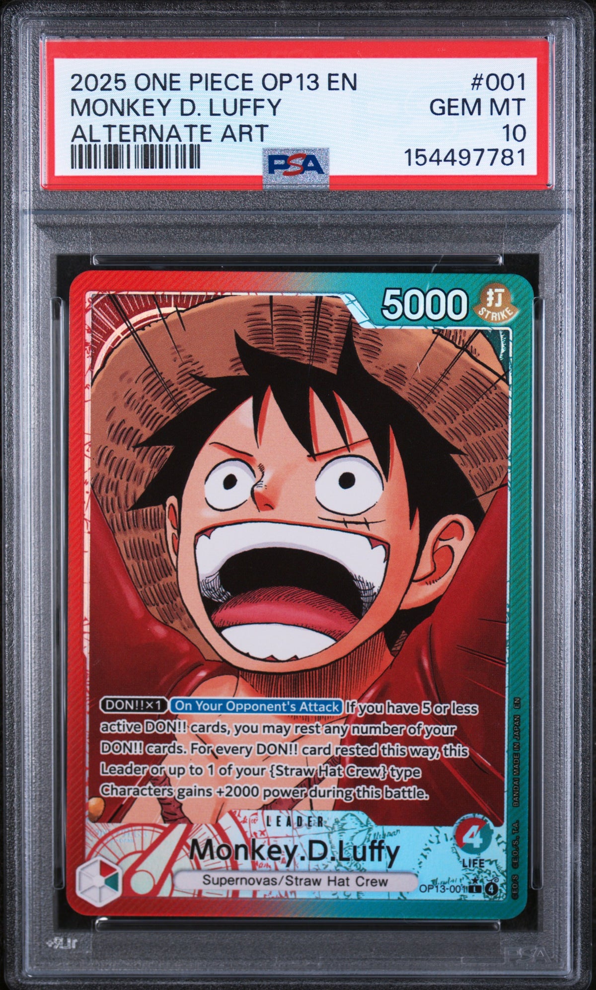 2025 One Piece OP13 Monkey D. Luffy #001 Alternate Art PSA 10