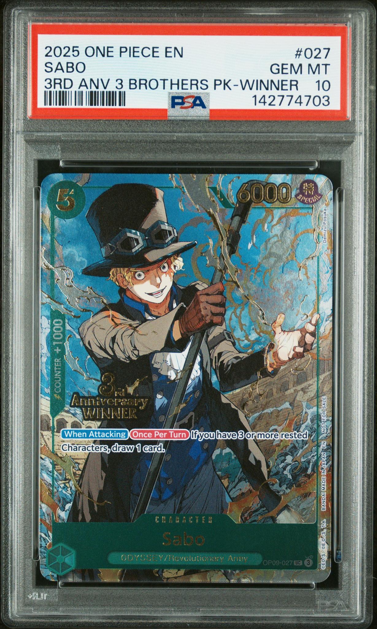 2025 One Piece Promo 3rd Anniversary Tournament 3 Brothers Pack Winner Sabo #OP09-027 PSA 10