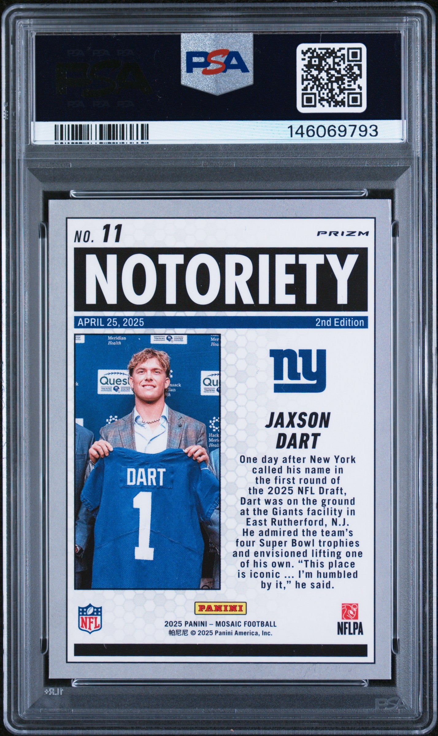 2025 Panini Mosaic Notoriety Orange Fluorescent Jaxson Dart #11 PSA 9