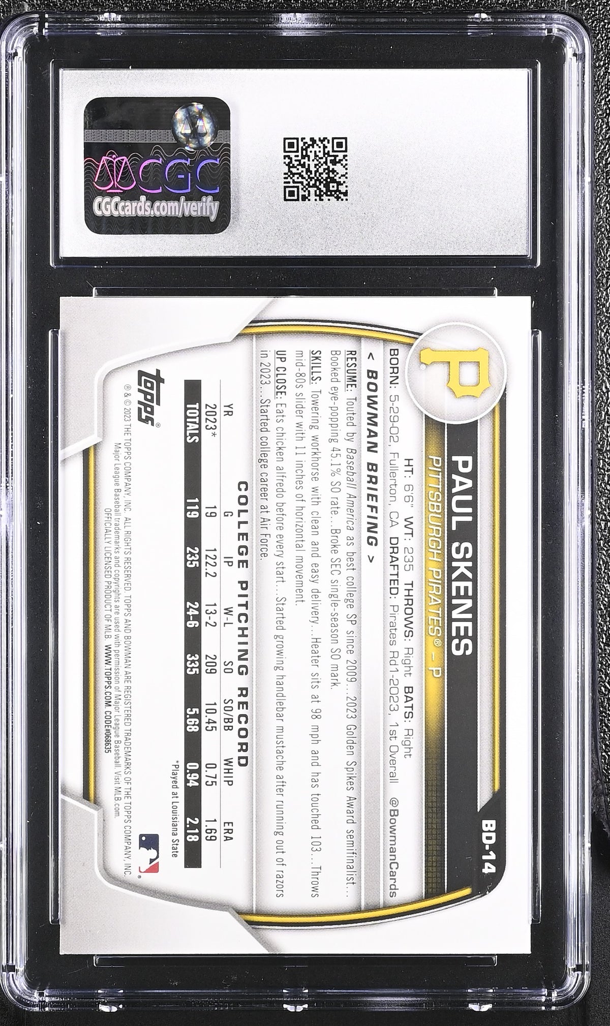 2023 Bowman Draft Paul Skenes #BD-14 1st Bowman CGC 10